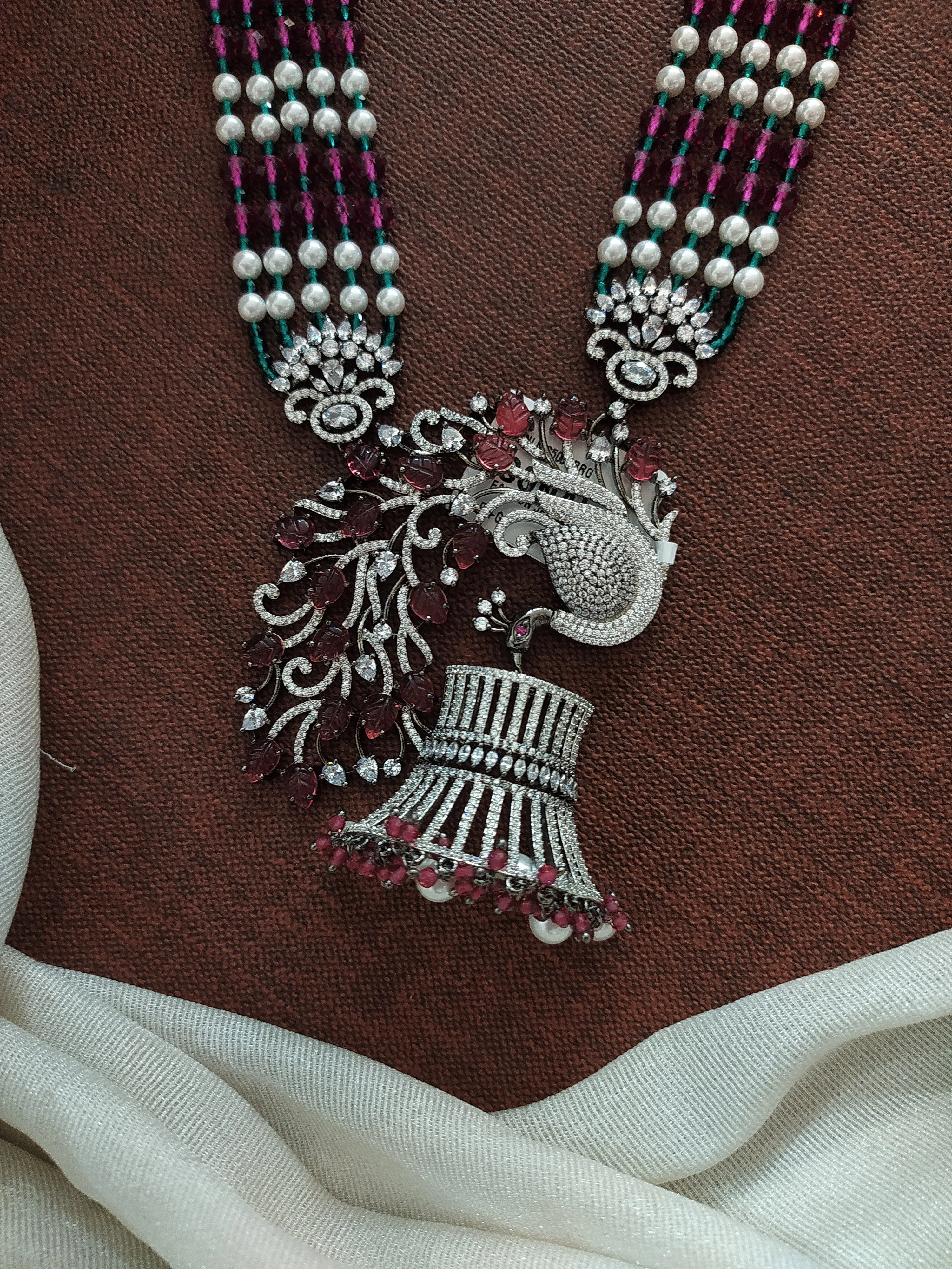 Designer Peacock Pendant Mala Set with Ruby & Pearls