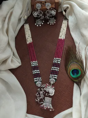 Designer Peacock Pendant Mala Set with Ruby & Pearls