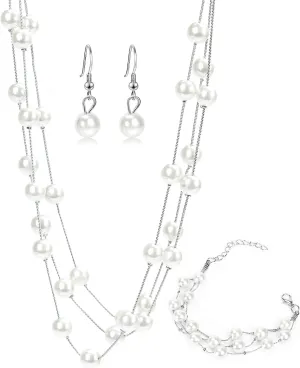 Droutti Layered Pearl Necklace Earring Bracelet Set Multi-Strand Bridal Choker White Pearl Necklace Pearl Earring for Women Beaded Jewelry for Wedding Party Accessories