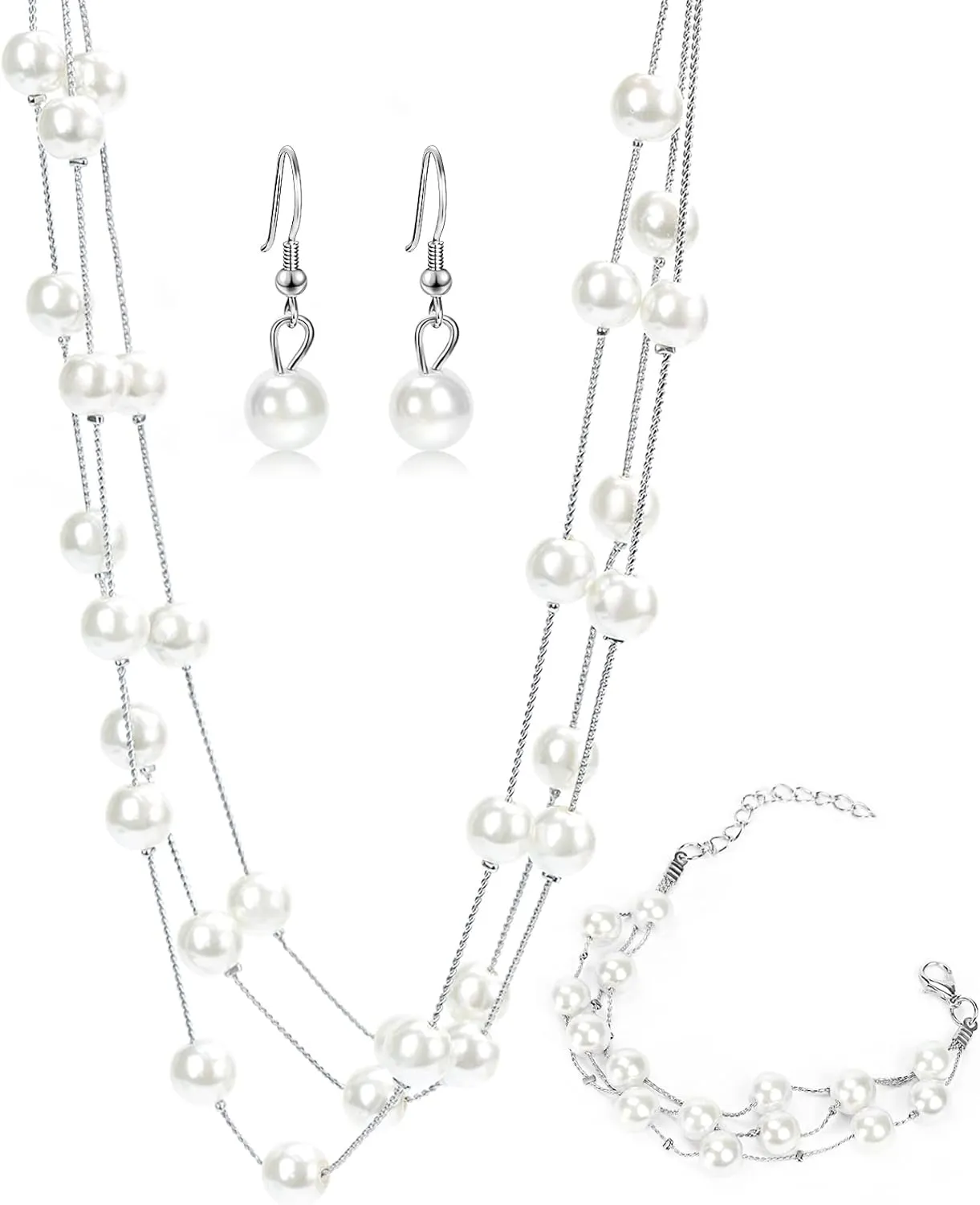 Droutti Layered Pearl Necklace Earring Bracelet Set Multi-Strand Bridal Choker White Pearl Necklace Pearl Earring for Women Beaded Jewelry for Wedding Party Accessories