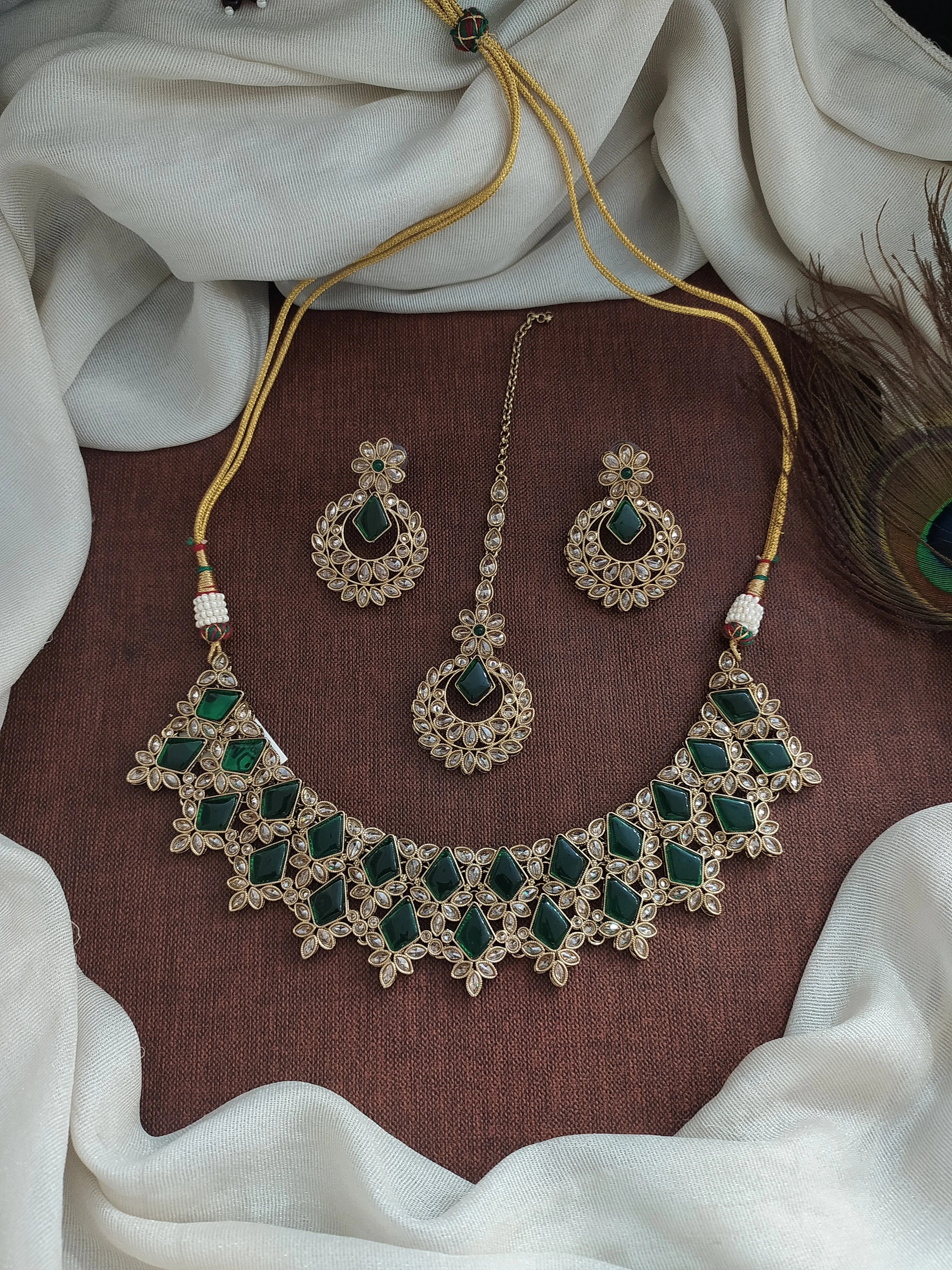 Enchanting Brilliance for Your Mehendi With Uncut Polki Stones Green Necklace Set