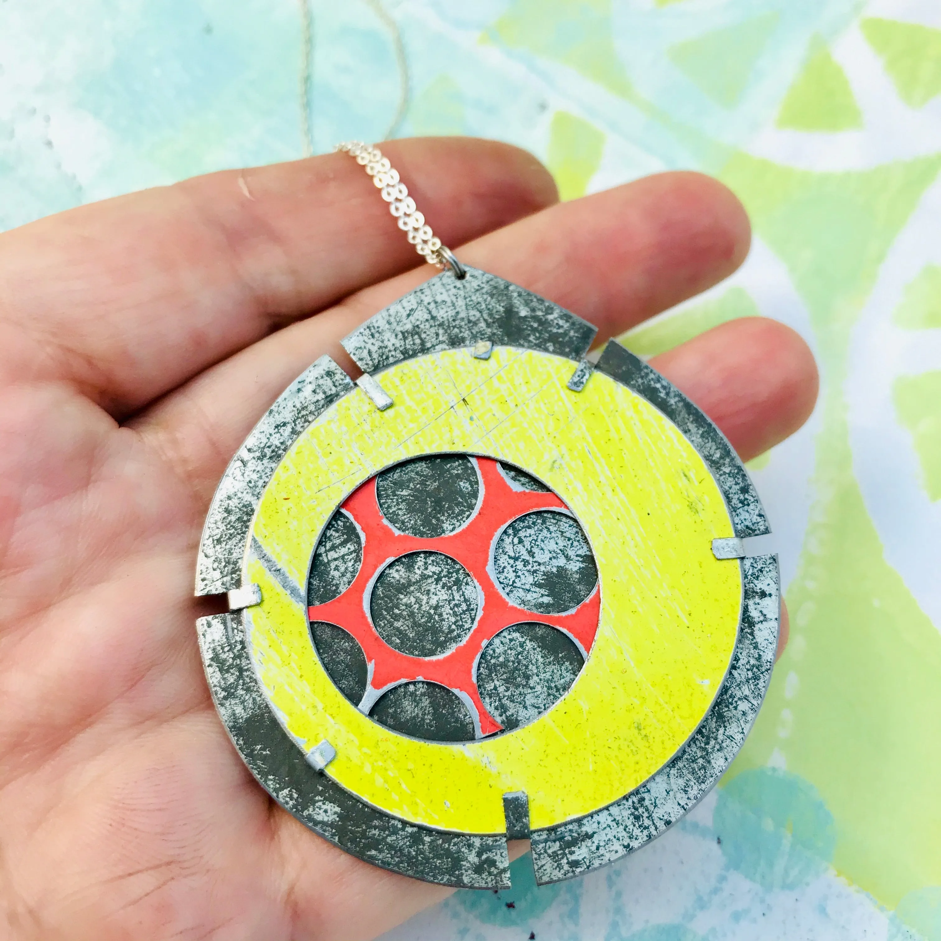Encircled Red in Sunny Yellow Upcycled Tin Earrings