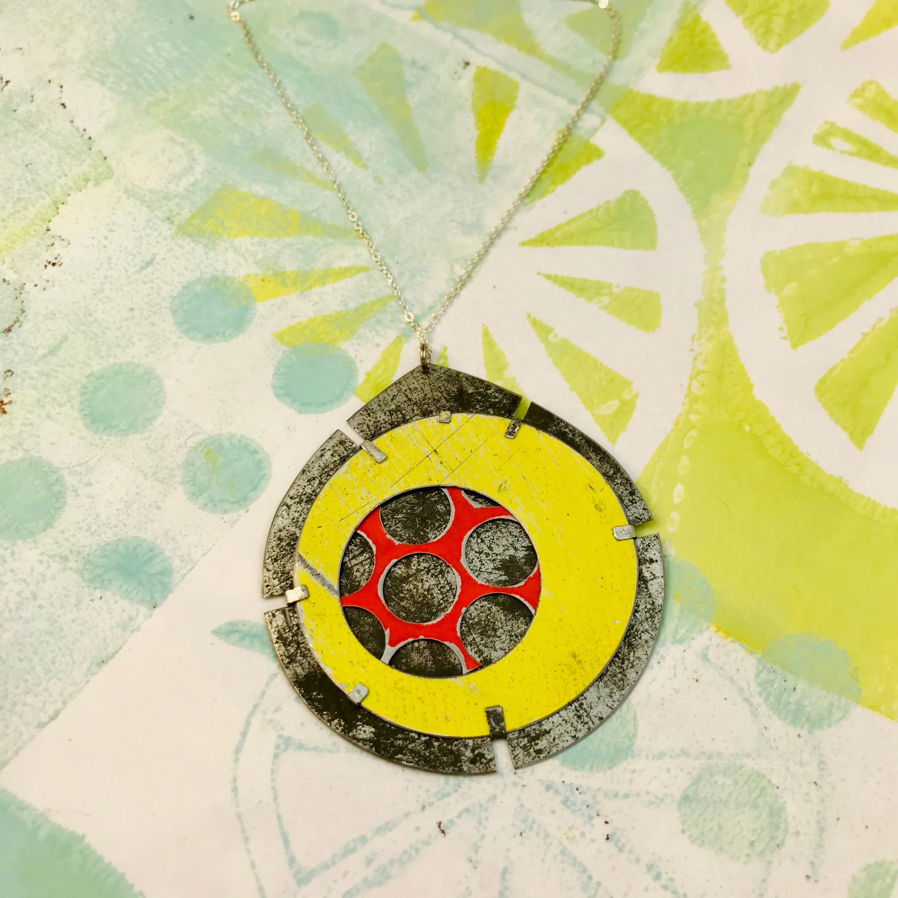 Encircled Red in Sunny Yellow Upcycled Tin Earrings