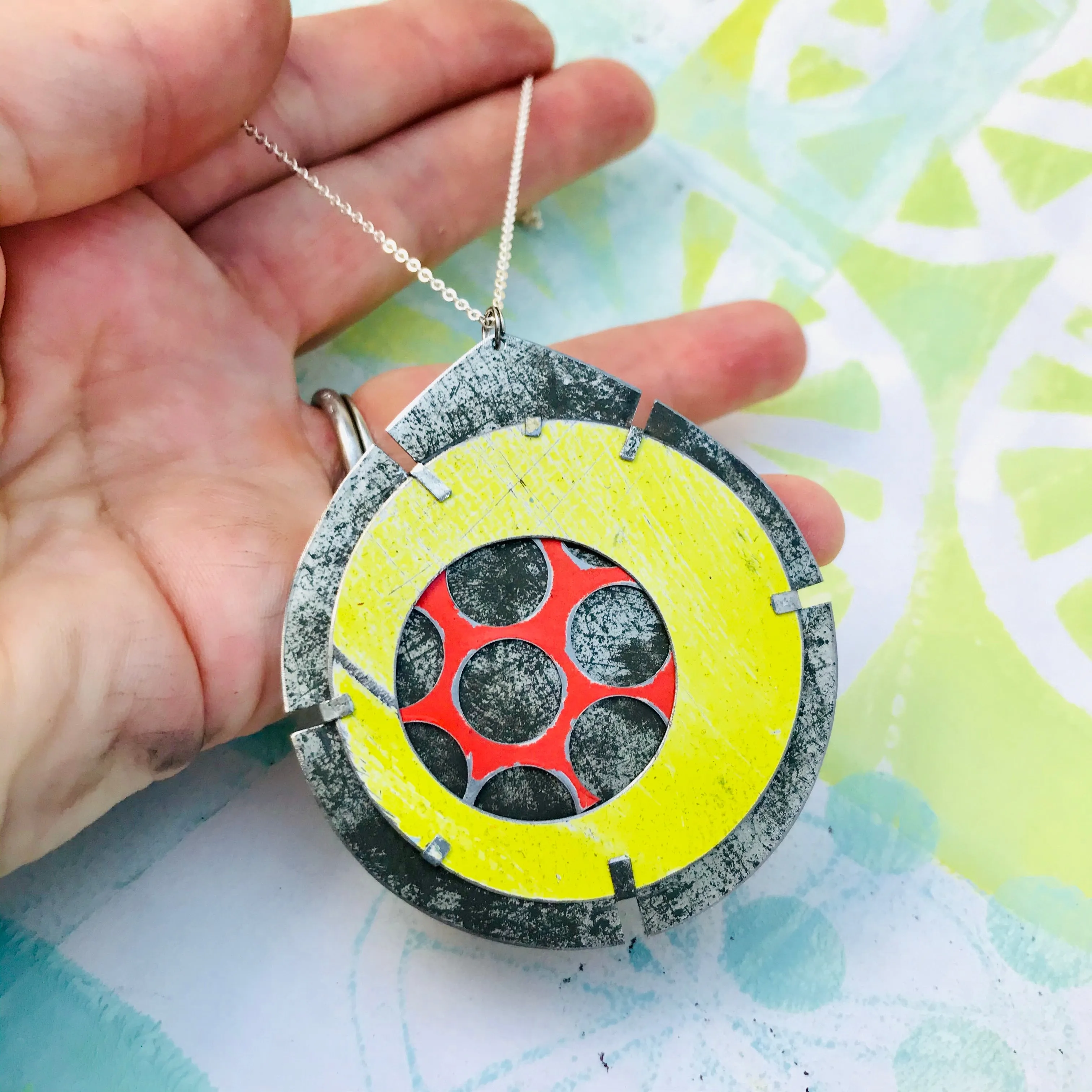 Encircled Red in Sunny Yellow Upcycled Tin Earrings