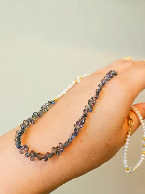 Fancy Green Sapphire, Freshwater Pearl, Rainbow Moonstone Multi Gemstone Halfsie Necklace 18K Yellow Gold
