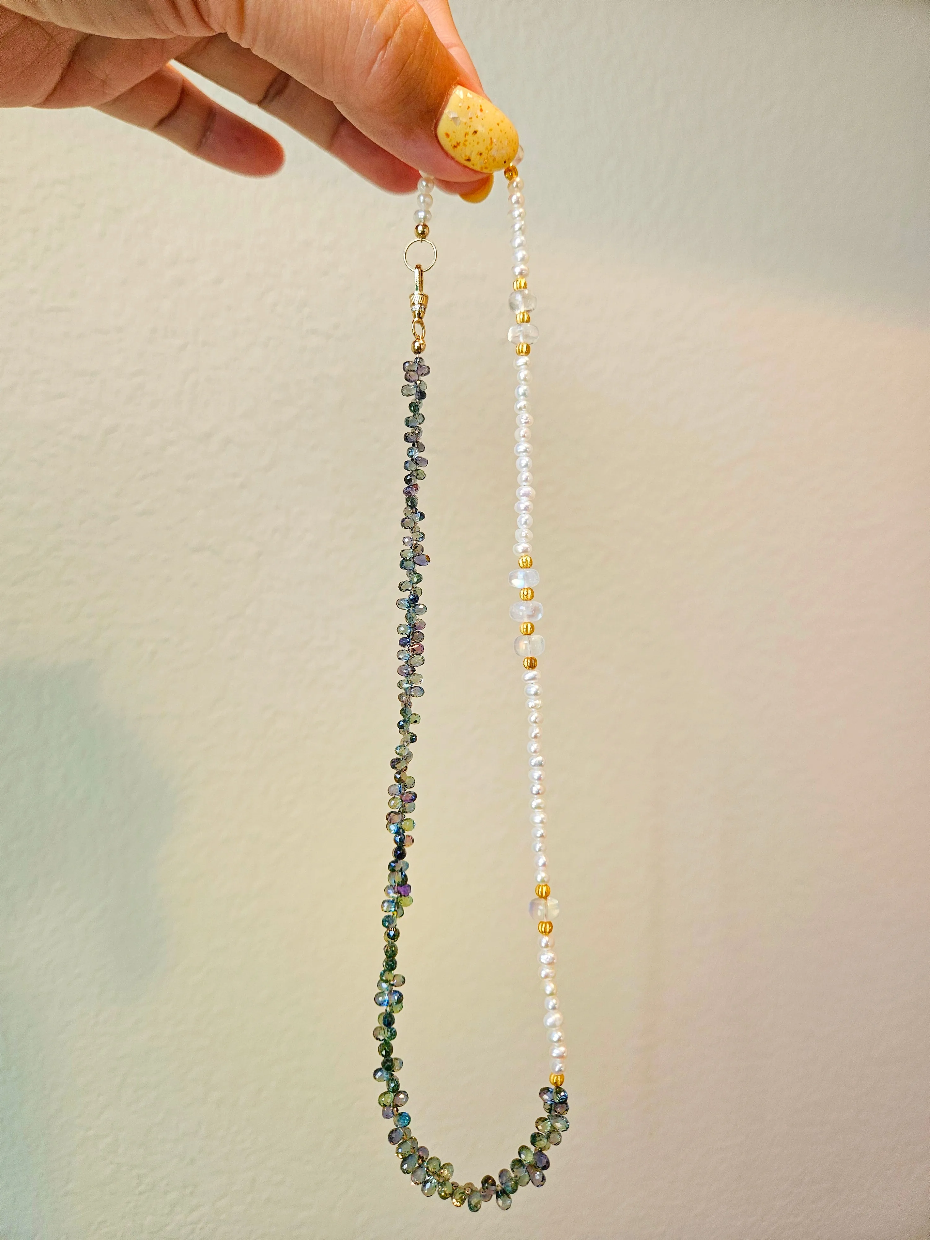 Fancy Green Sapphire, Freshwater Pearl, Rainbow Moonstone Multi Gemstone Halfsie Necklace 18K Yellow Gold