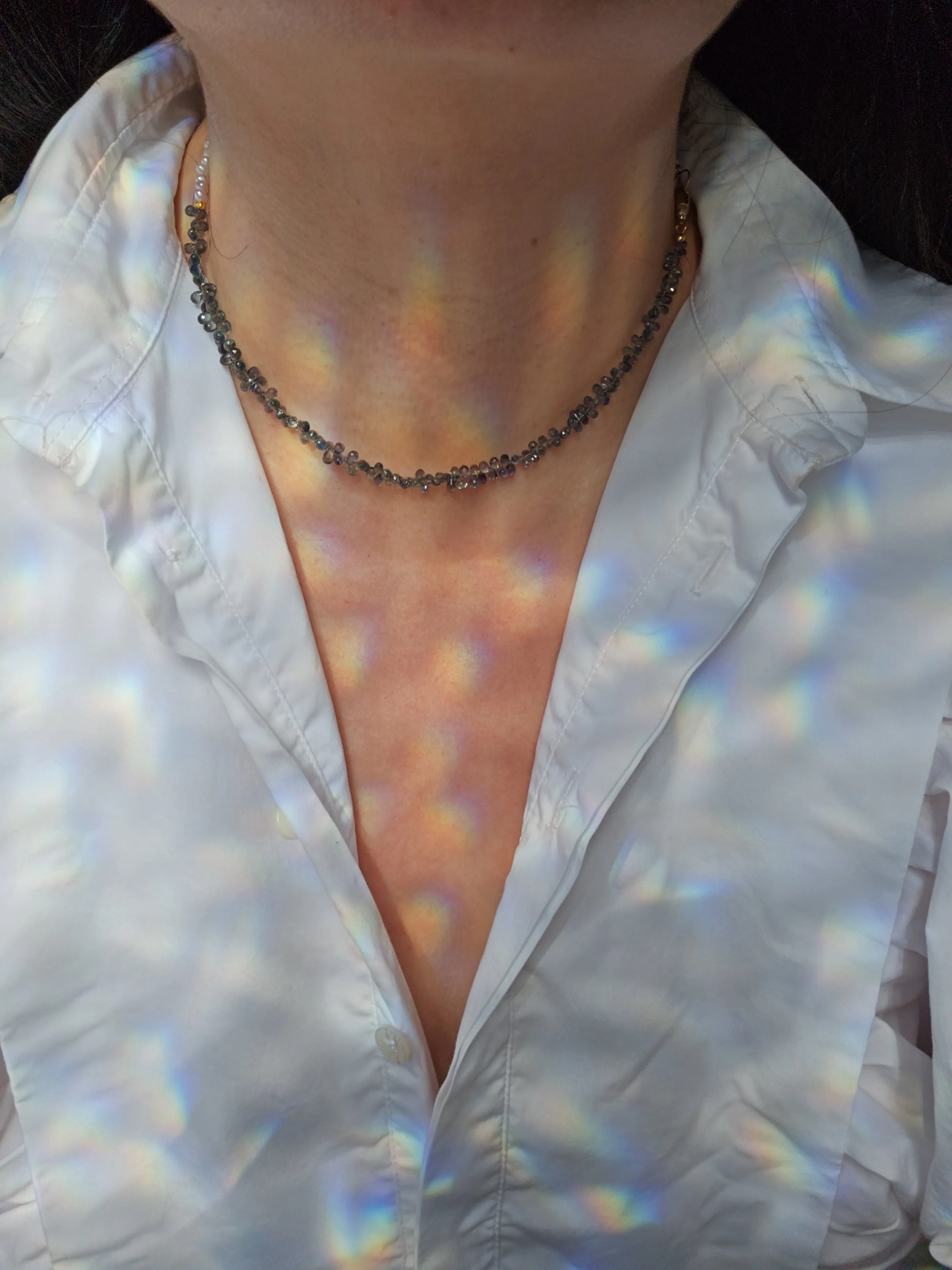 Fancy Green Sapphire, Freshwater Pearl, Rainbow Moonstone Multi Gemstone Halfsie Necklace 18K Yellow Gold