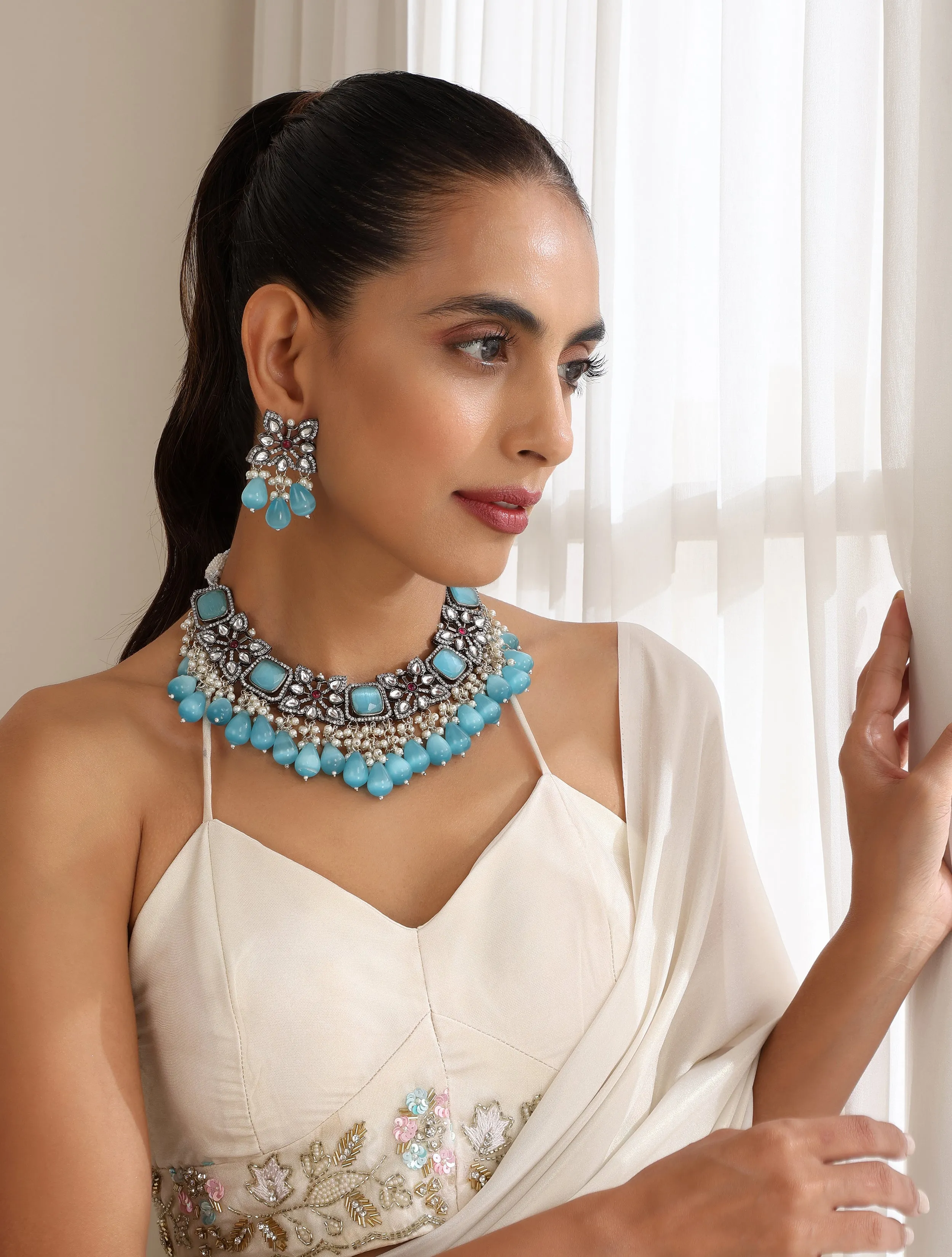 Firozi Color American Diamond Necklace & Earring Set