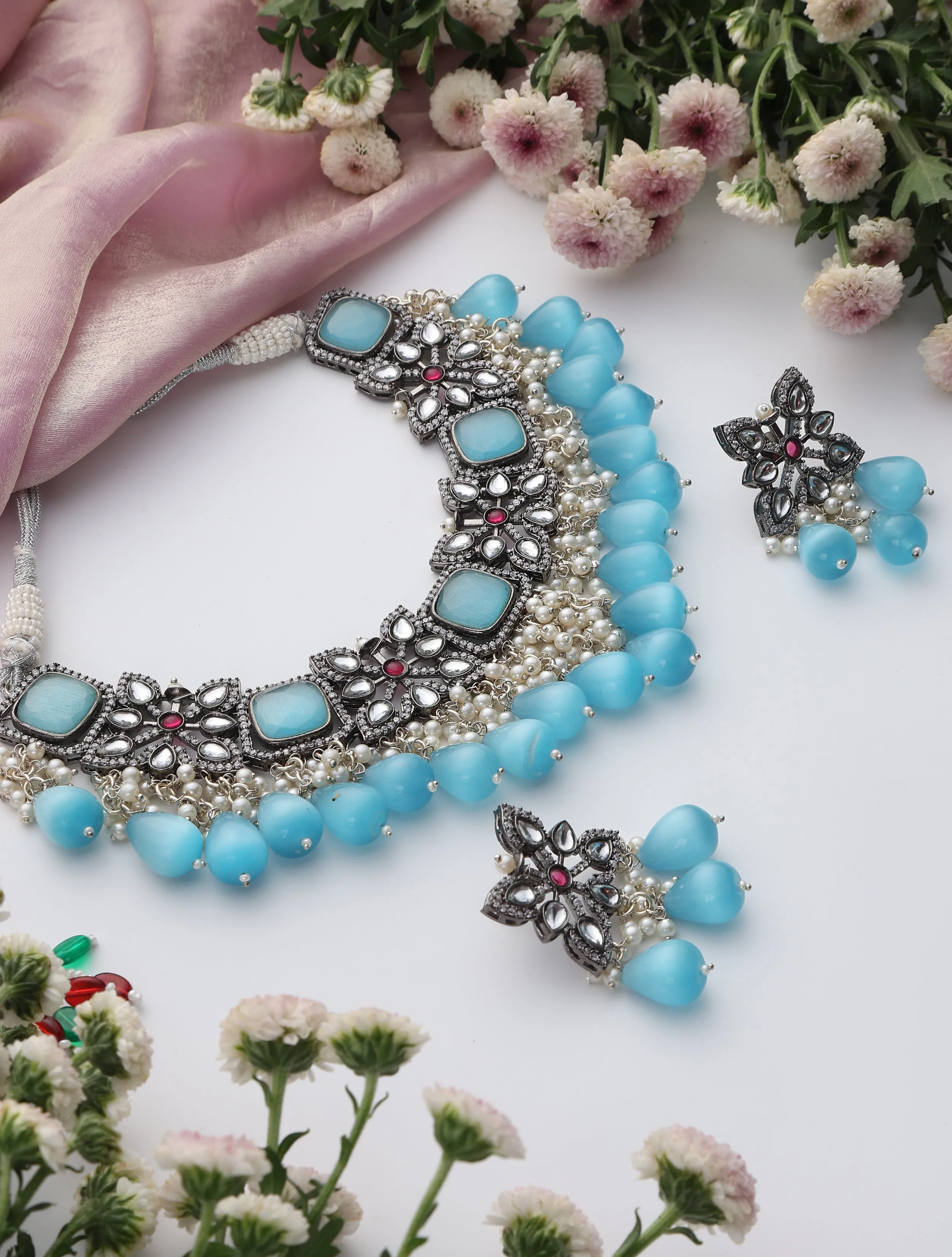 Firozi Color American Diamond Necklace & Earring Set