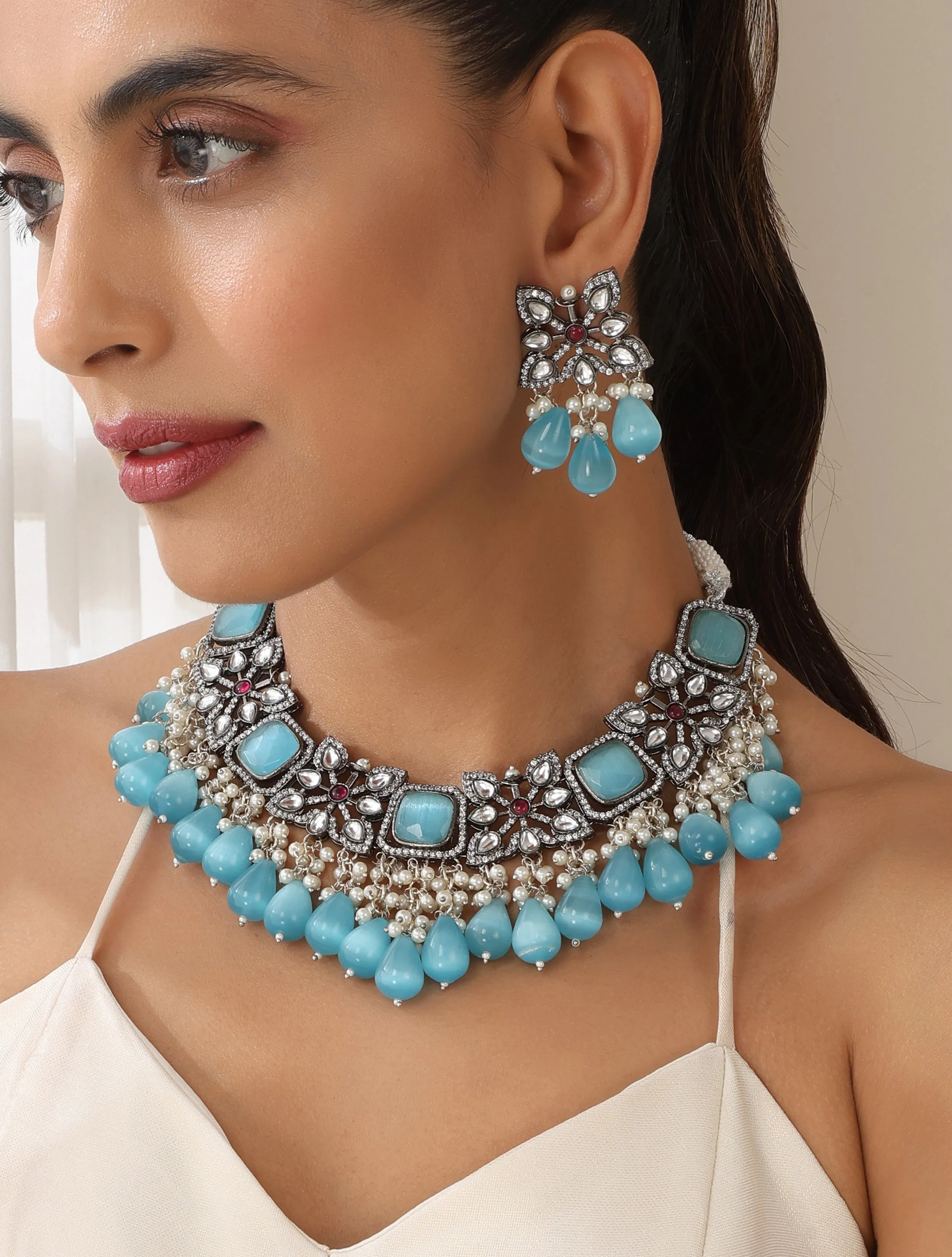 Firozi Color American Diamond Necklace & Earring Set