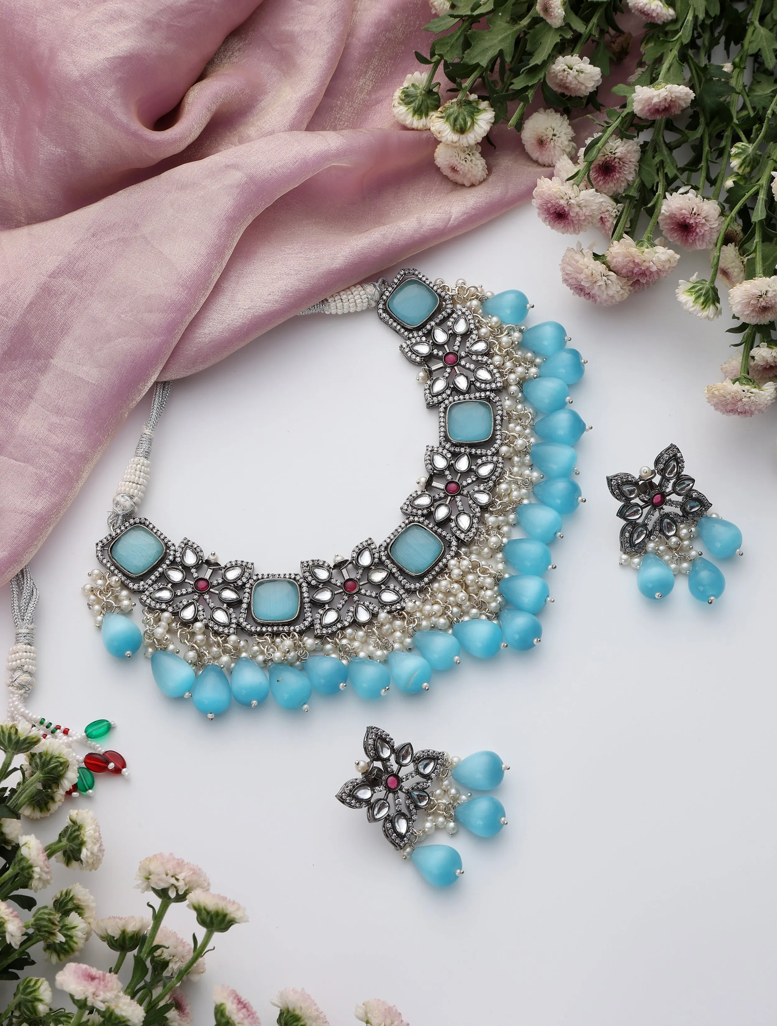Firozi Color American Diamond Necklace & Earring Set