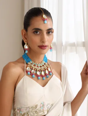 Firozi Color Back Side Meena Work Kundan Necklace, Earring and Maang Teeka Set