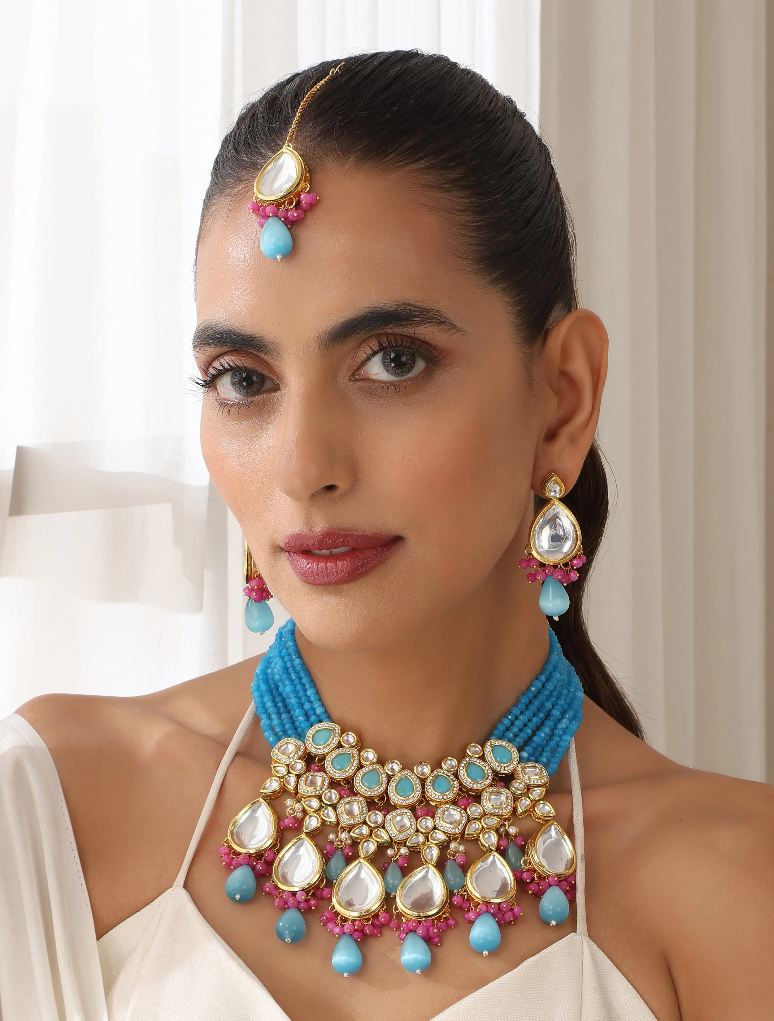 Firozi Color Back Side Meena Work Kundan Necklace, Earring and Maang Teeka Set