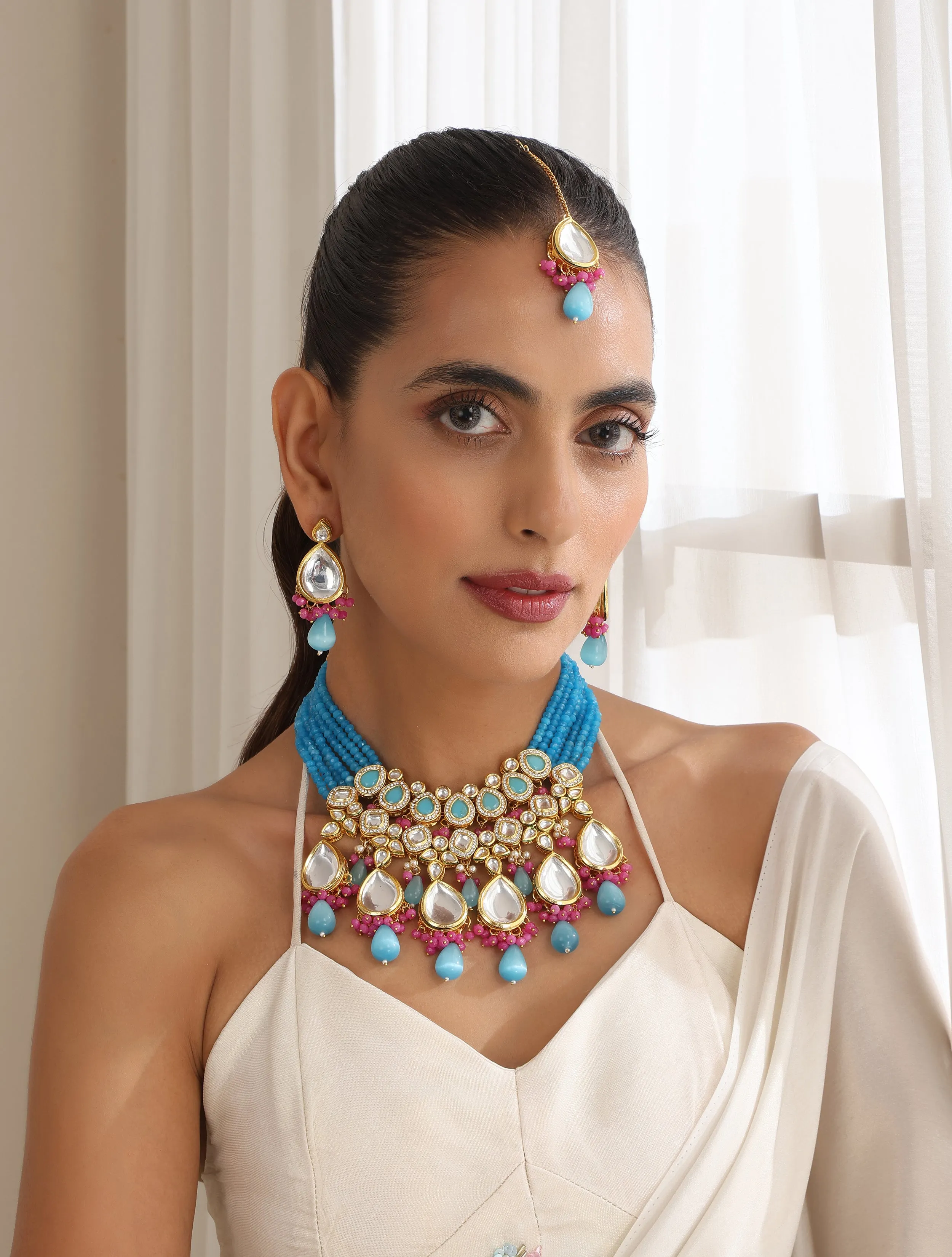 Firozi Color Back Side Meena Work Kundan Necklace, Earring and Maang Teeka Set