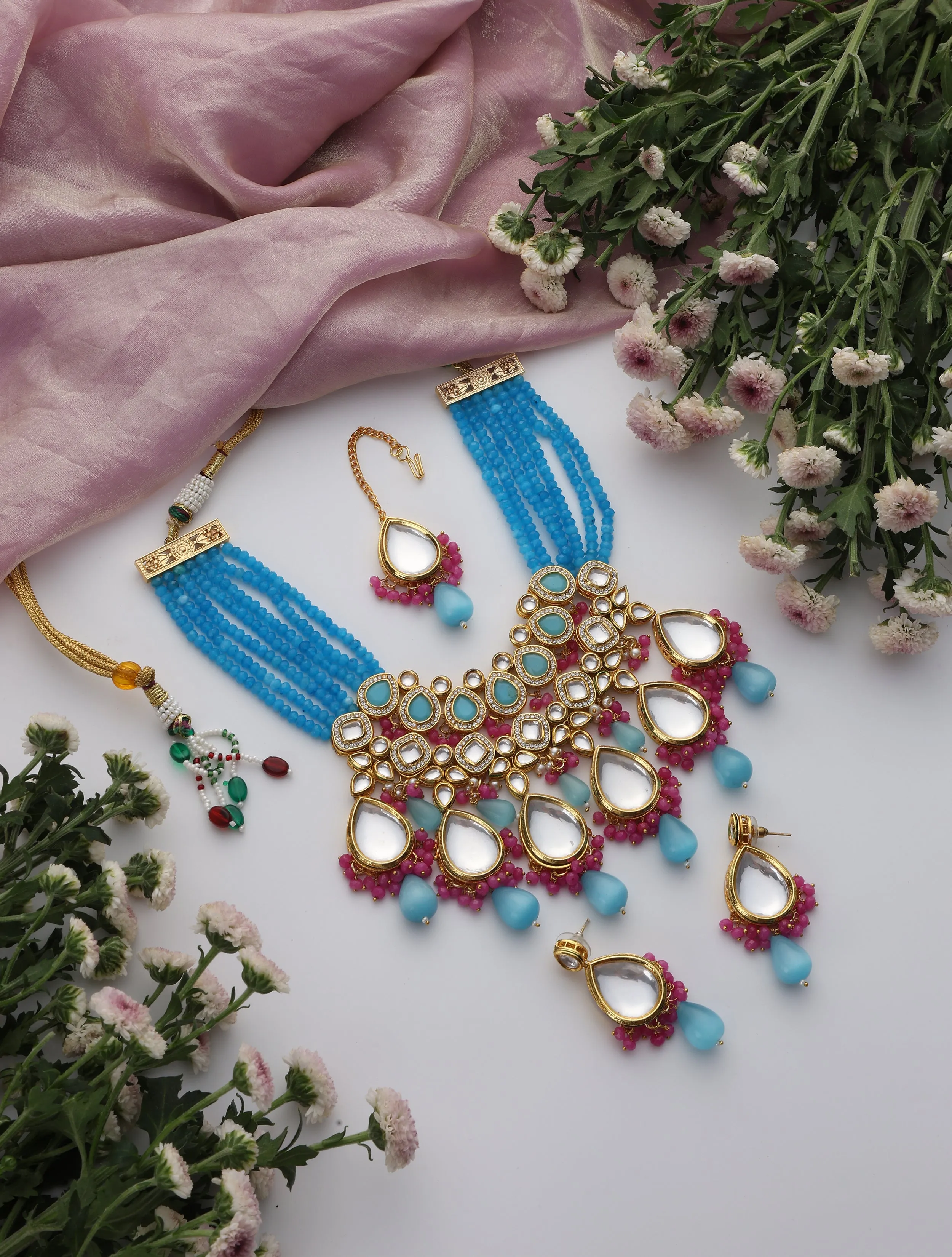 Firozi Color Back Side Meena Work Kundan Necklace, Earring and Maang Teeka Set