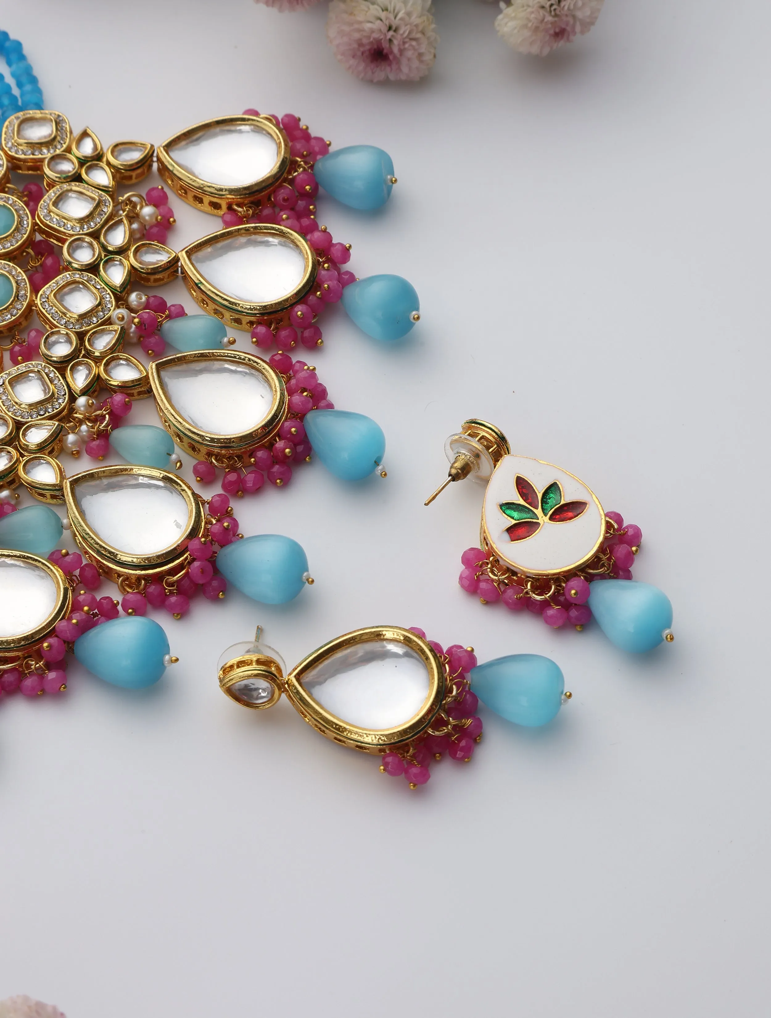 Firozi Color Back Side Meena Work Kundan Necklace, Earring and Maang Teeka Set