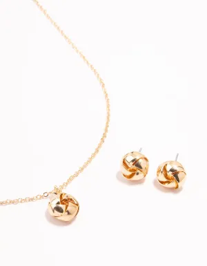 Gold Knotted Necklace & Stud Earrings Set