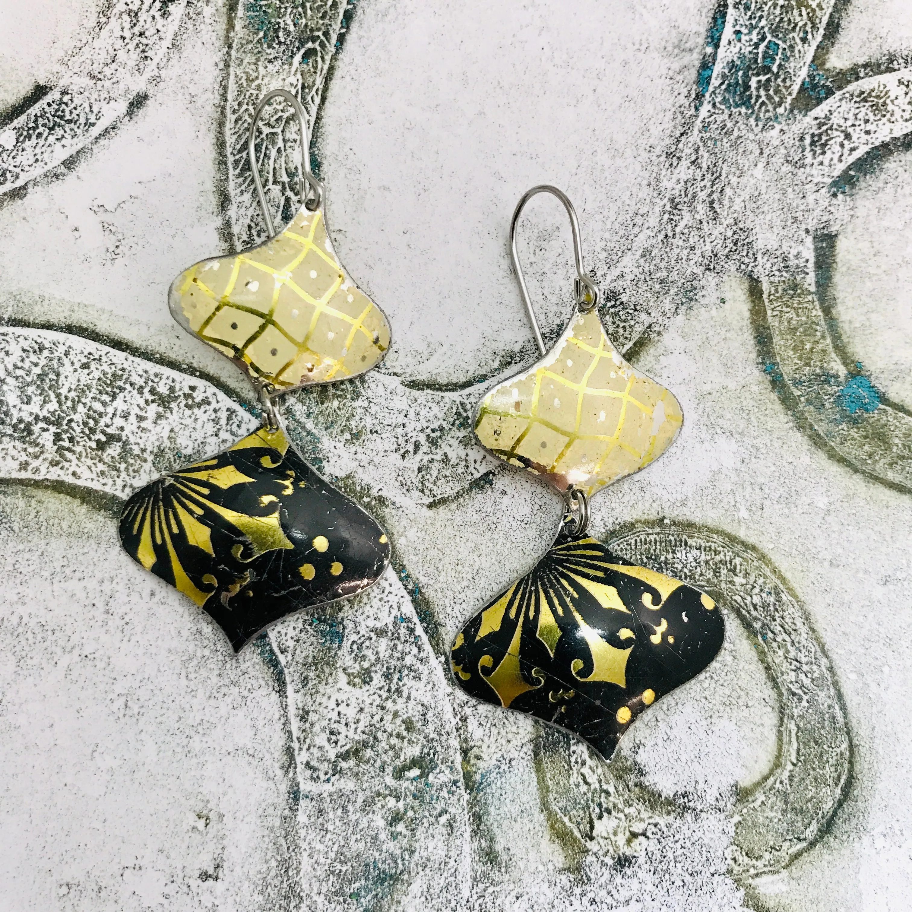 Gold on Black & Buttery Lattice Zero Waste Tin Earrings