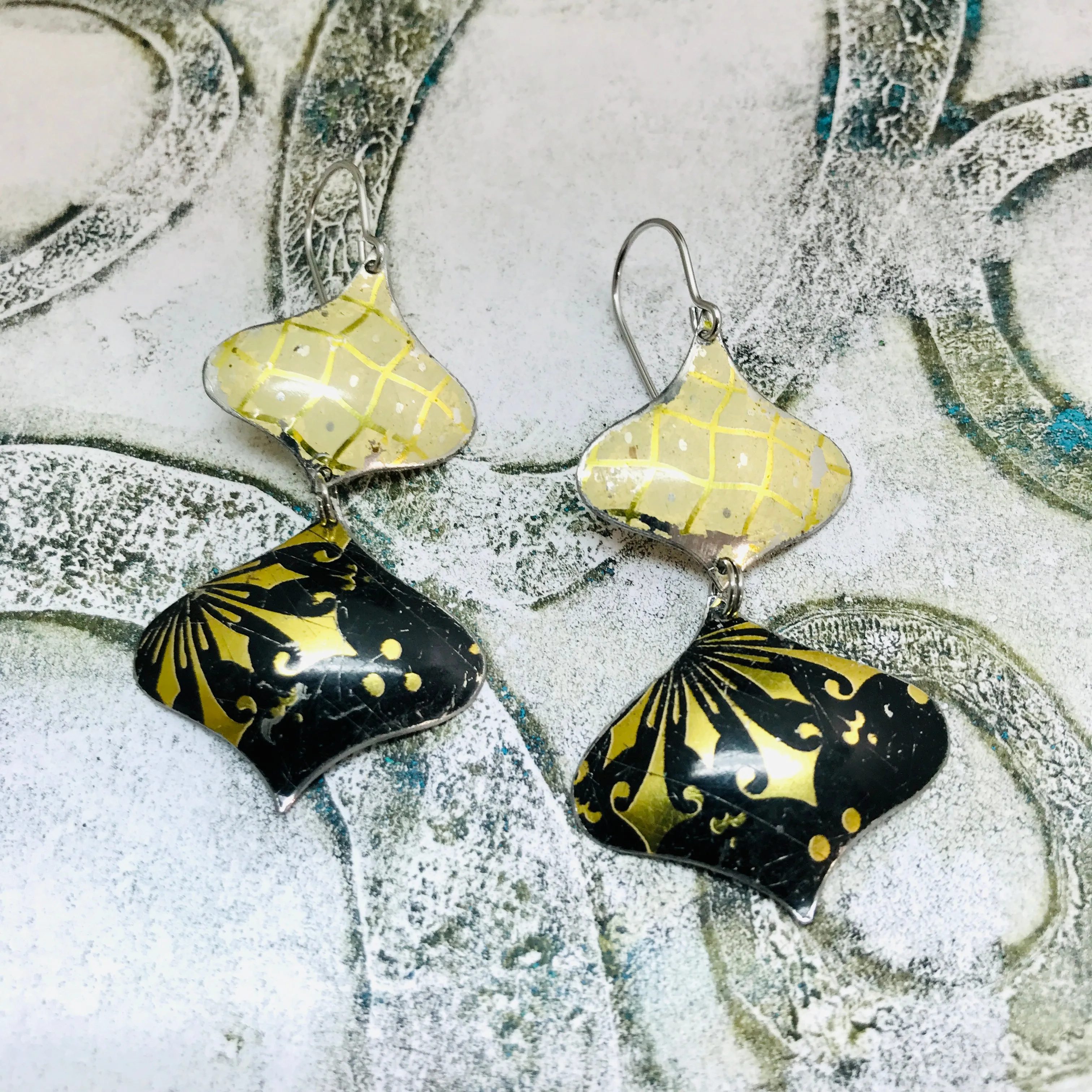 Gold on Black & Buttery Lattice Zero Waste Tin Earrings