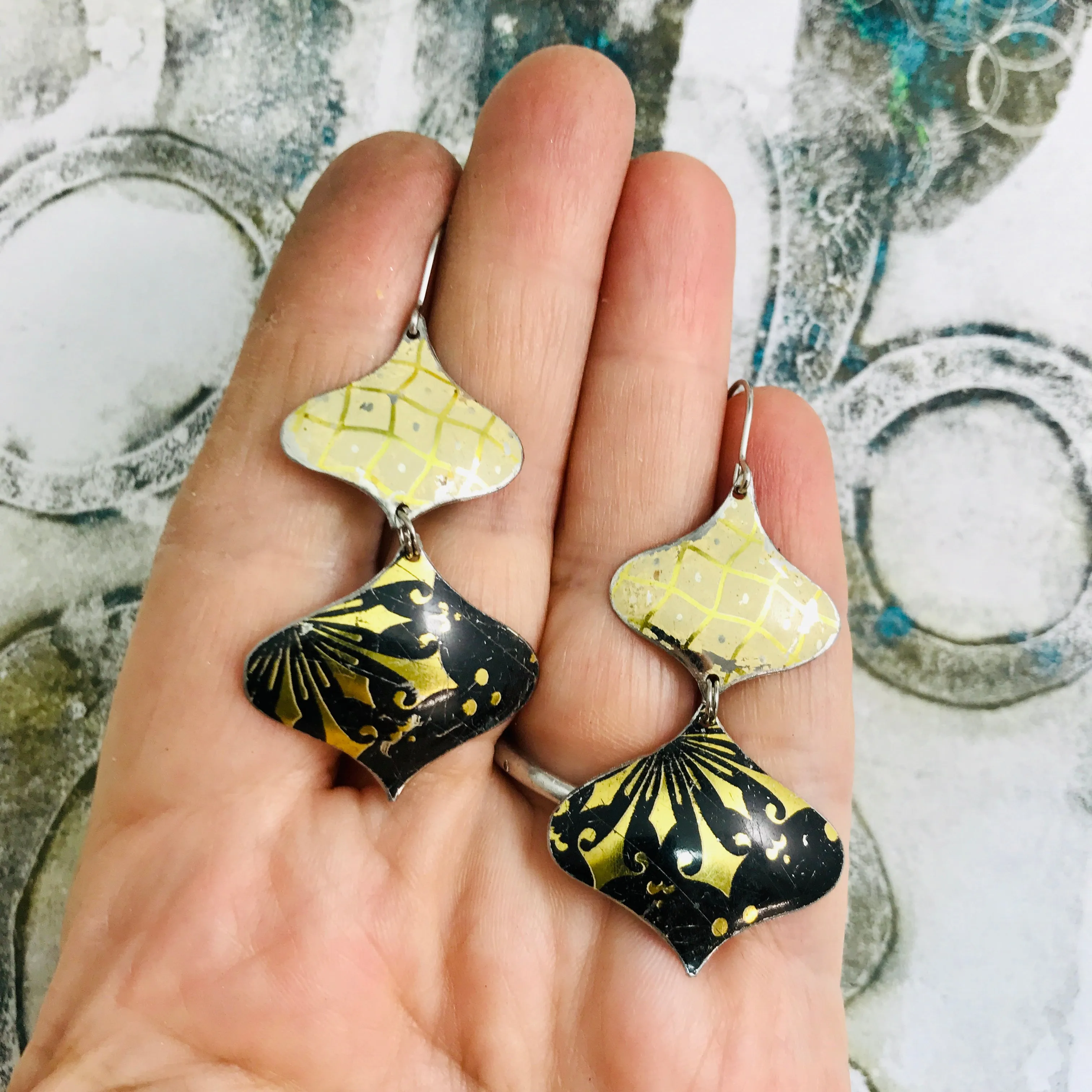 Gold on Black & Buttery Lattice Zero Waste Tin Earrings