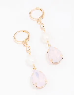Gold Pearl Double Huggie Drop Earrings