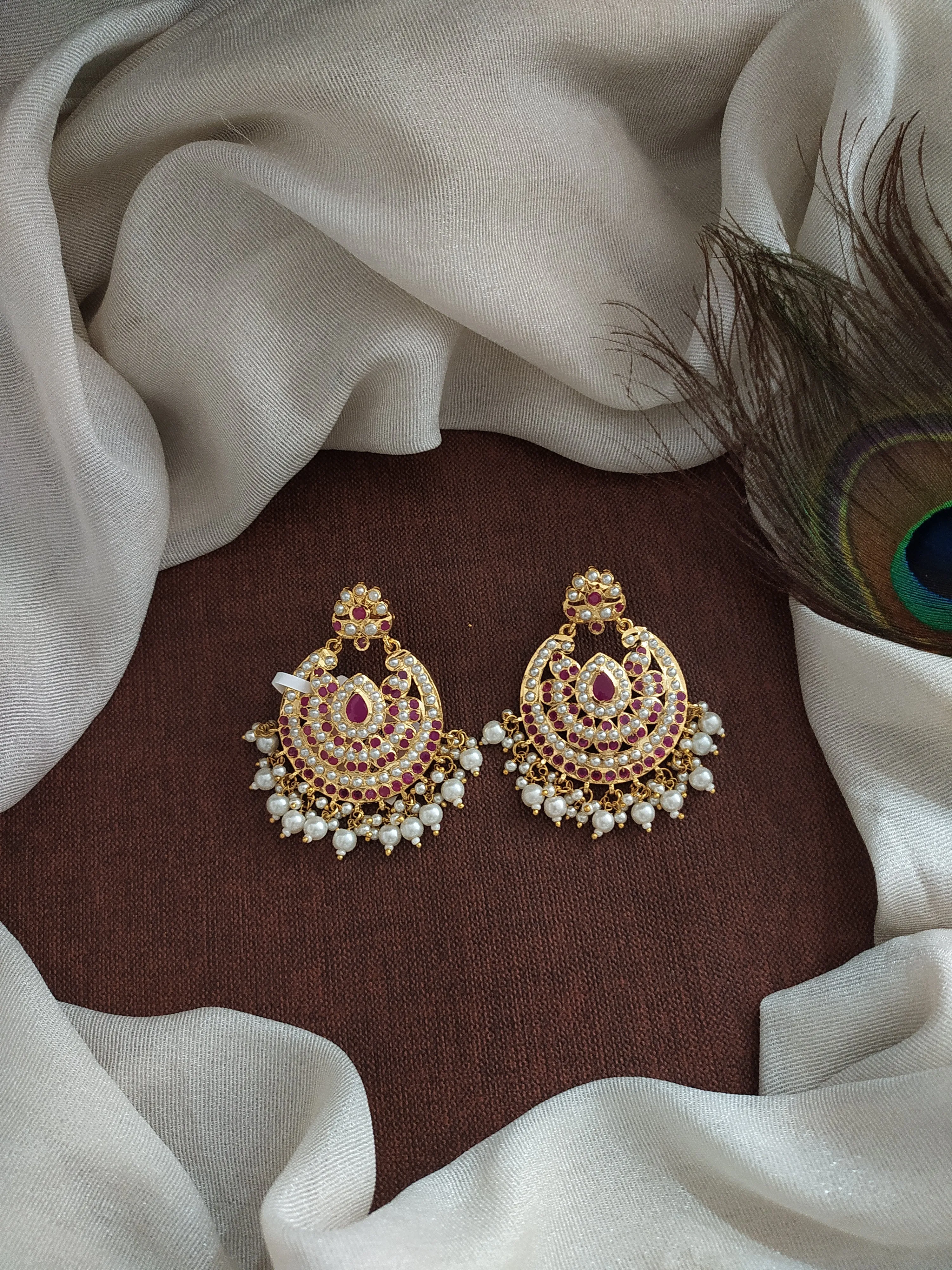 Gold-Plated Nizami Chandbali Earrings – Navaratna, Red with Green, and White (Pearls)