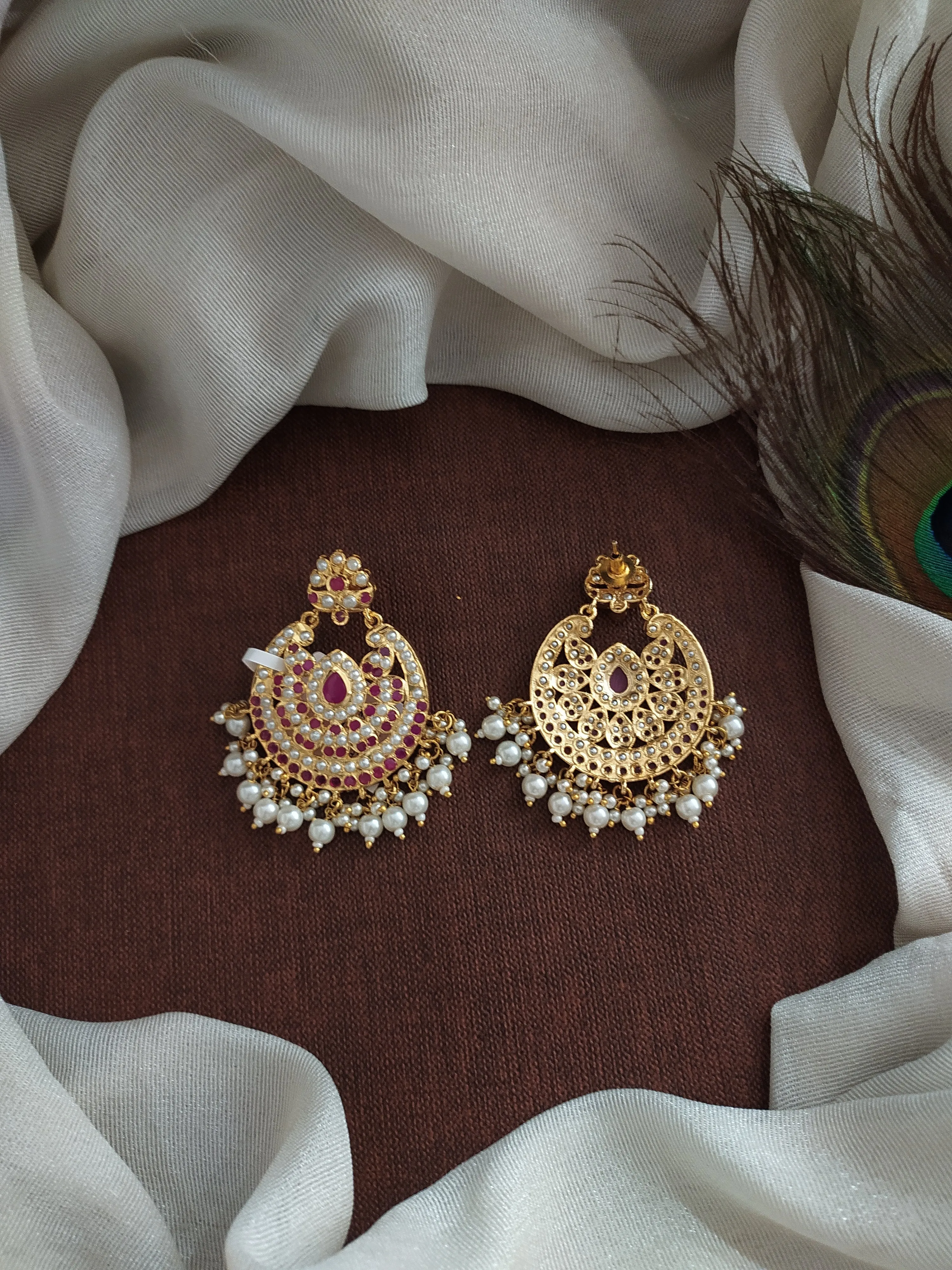 Gold-Plated Nizami Chandbali Earrings – Navaratna, Red with Green, and White (Pearls)
