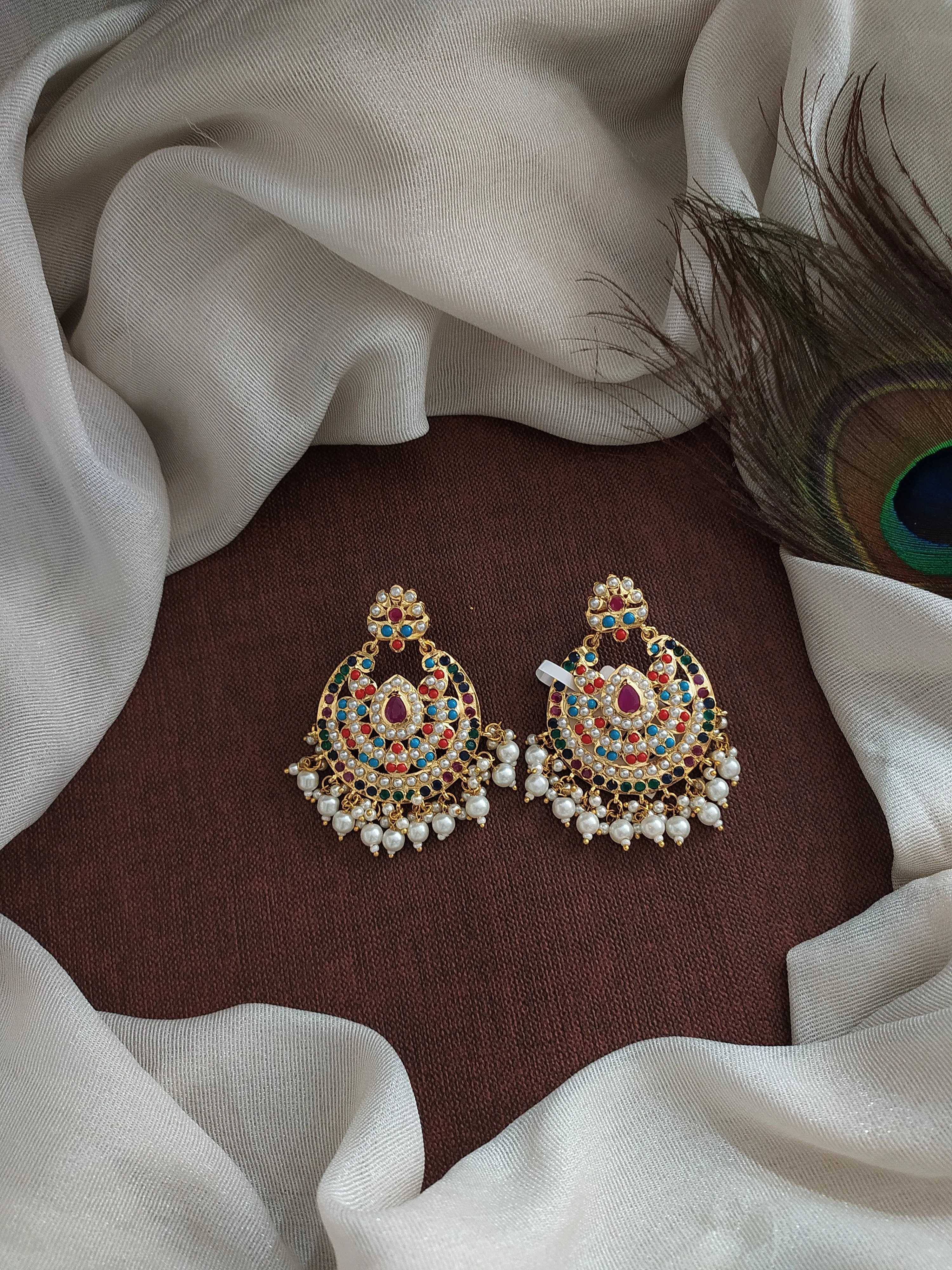 Gold-Plated Nizami Chandbali Earrings – Navaratna, Red with Green, and White (Pearls)