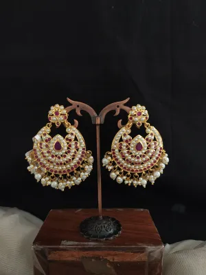 Gold-Plated Nizami Chandbali Earrings – Navaratna, Red with Green, and White (Pearls)