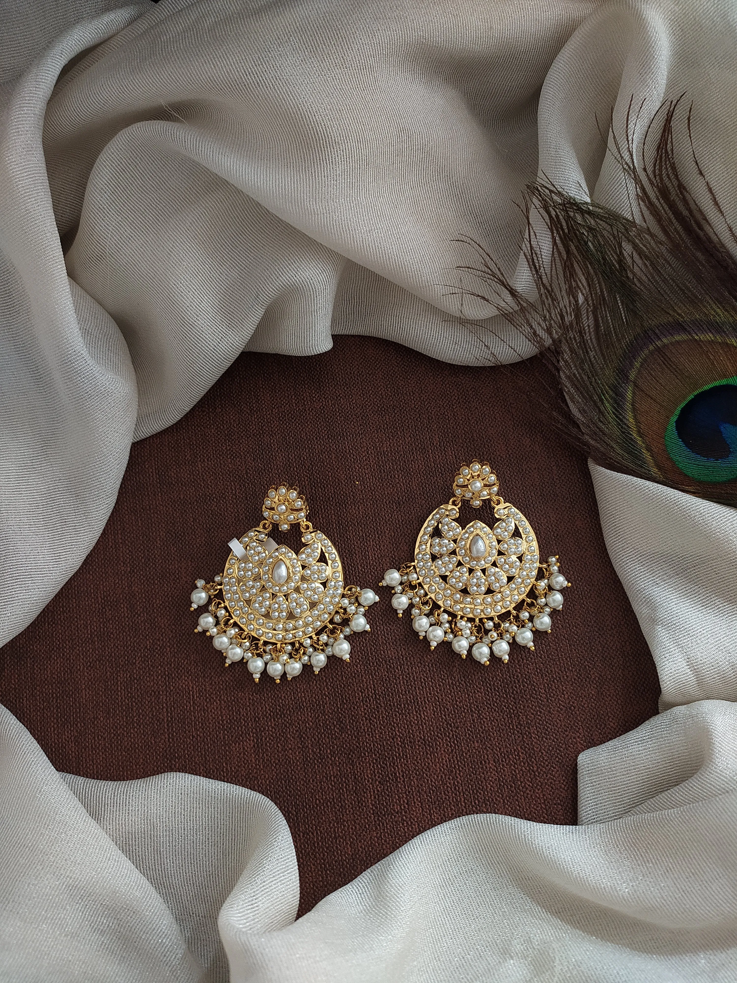 Gold-Plated Nizami Chandbali Earrings – Navaratna, Red with Green, and White (Pearls)