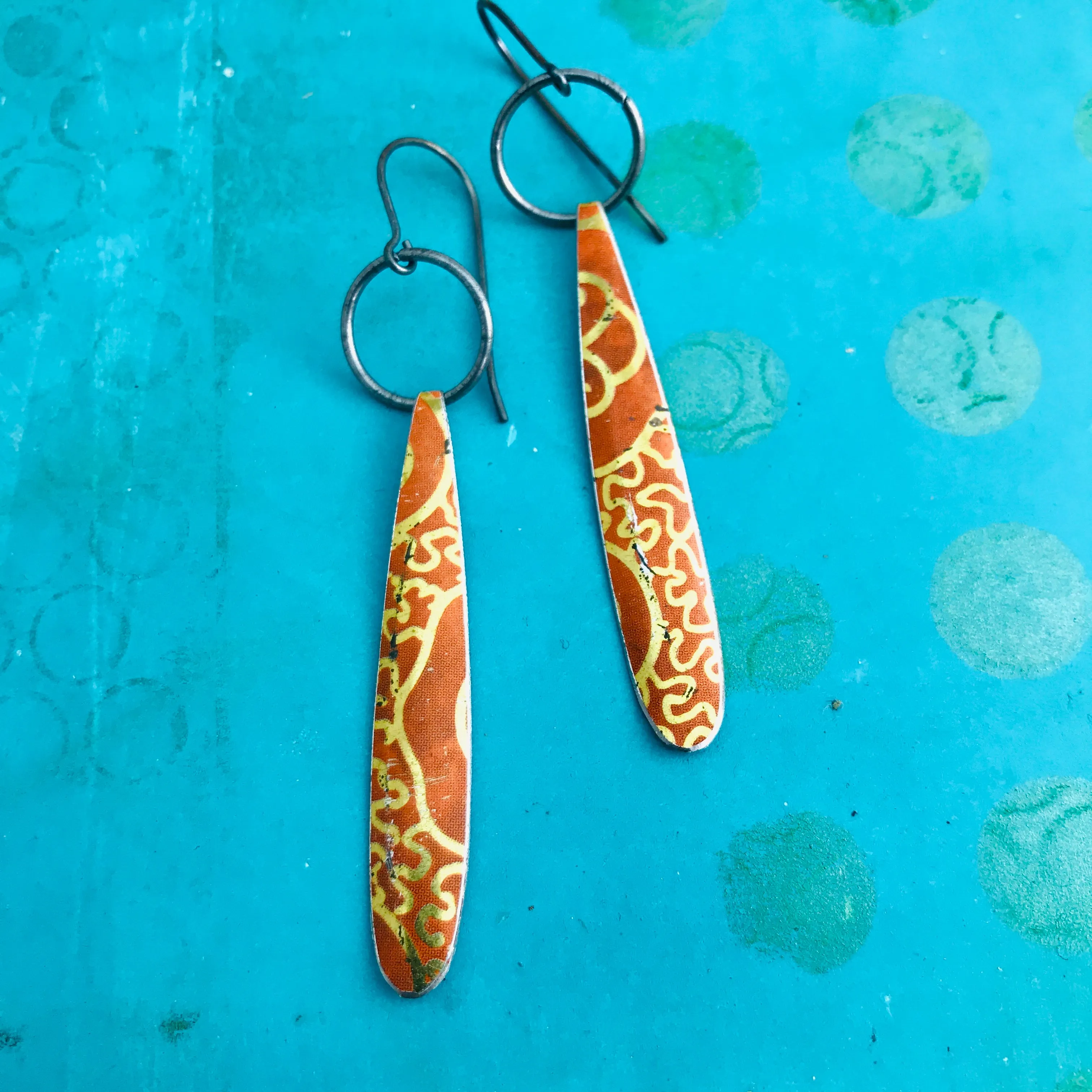 Golden Filigree On Orange Teardrops Upcycled Tin Earrings