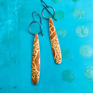 Golden Filigree On Orange Teardrops Upcycled Tin Earrings