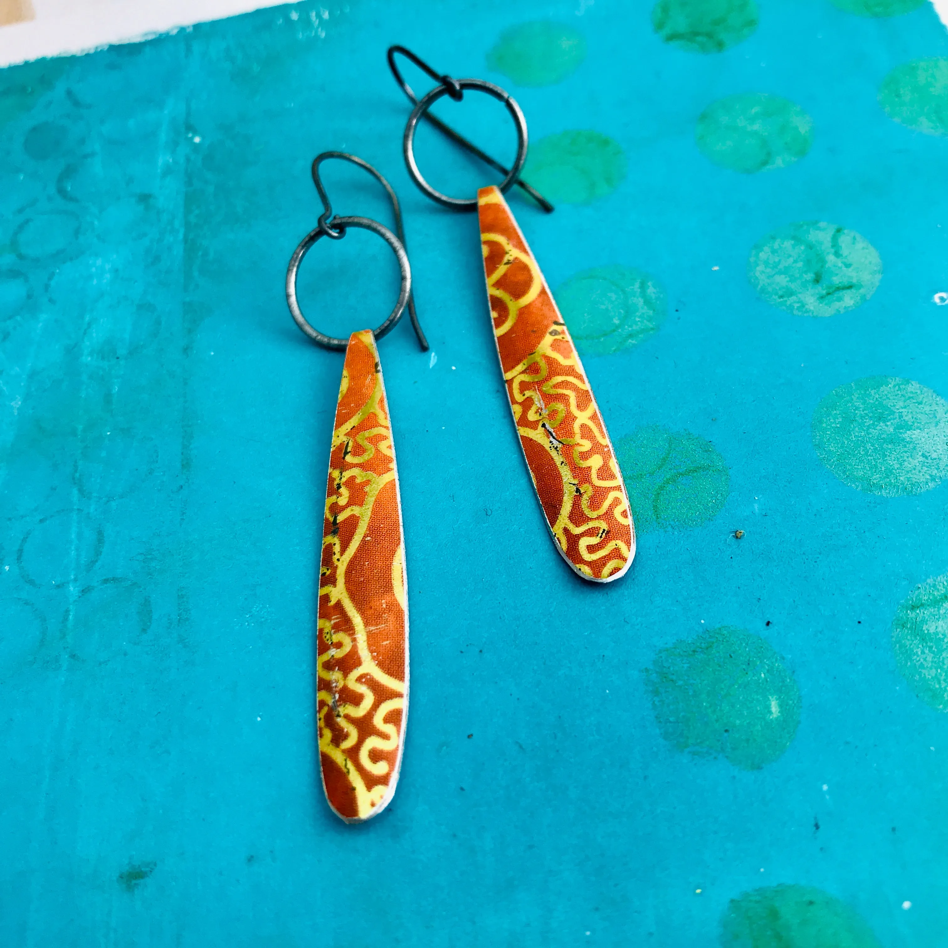 Golden Filigree On Orange Teardrops Upcycled Tin Earrings