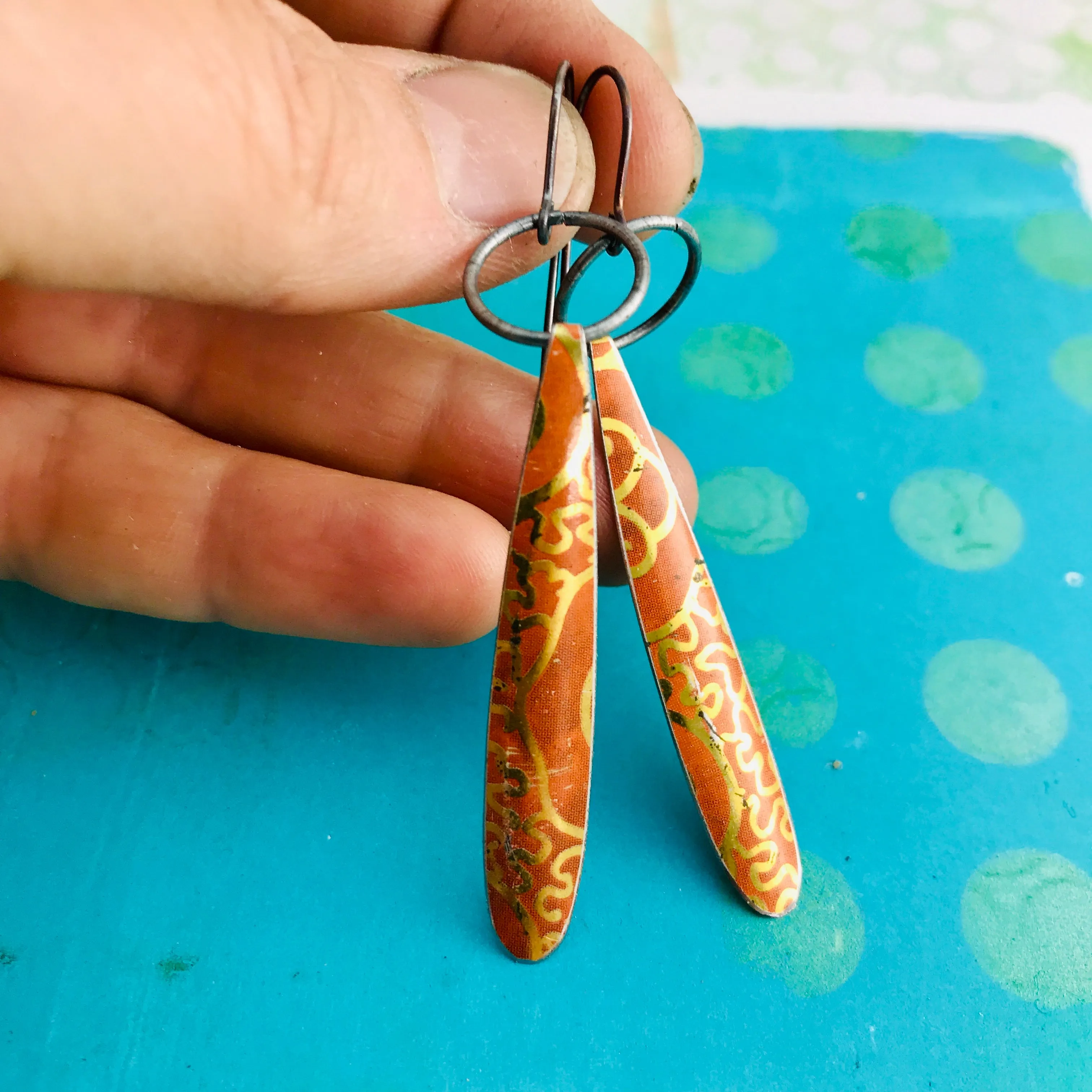 Golden Filigree On Orange Teardrops Upcycled Tin Earrings