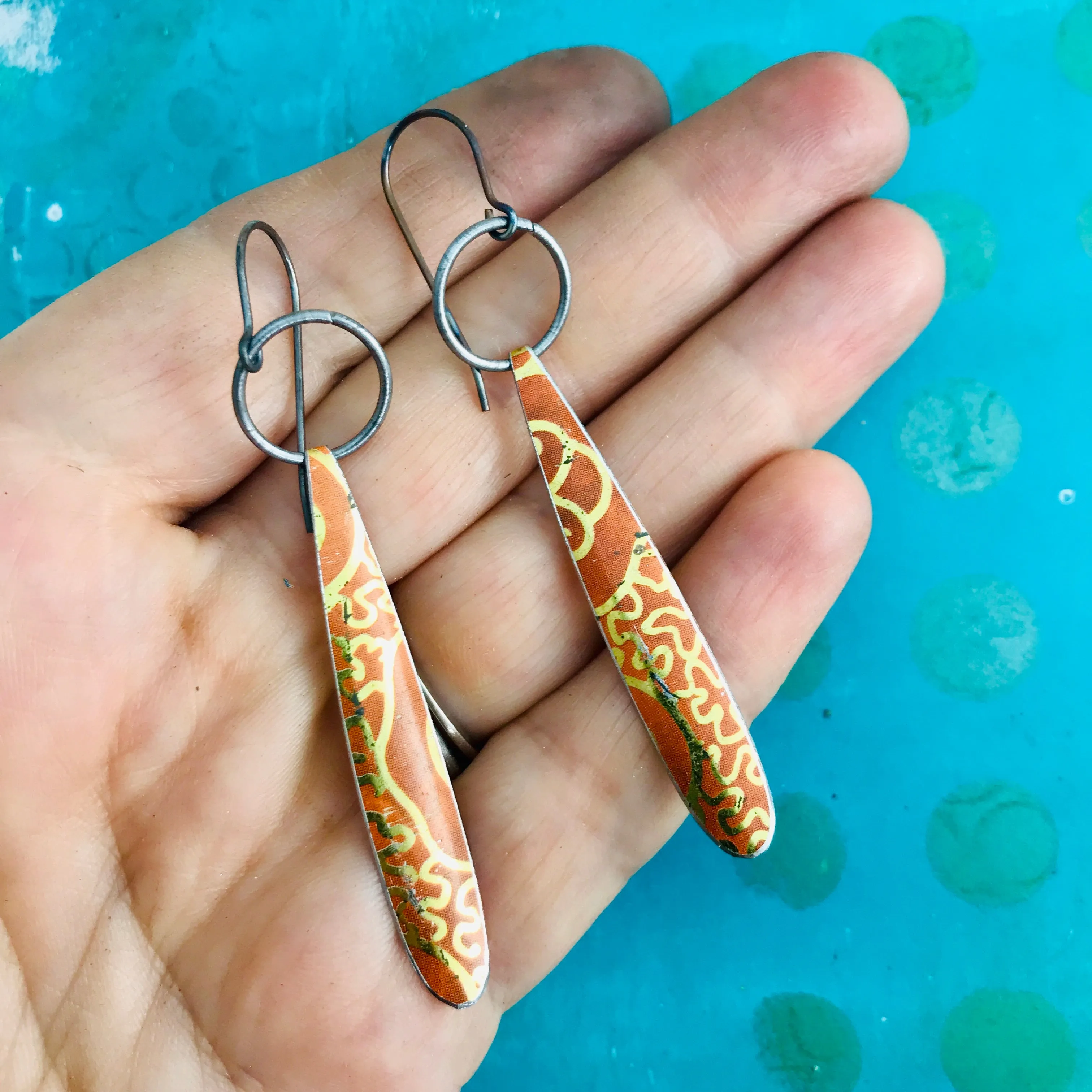 Golden Filigree On Orange Teardrops Upcycled Tin Earrings