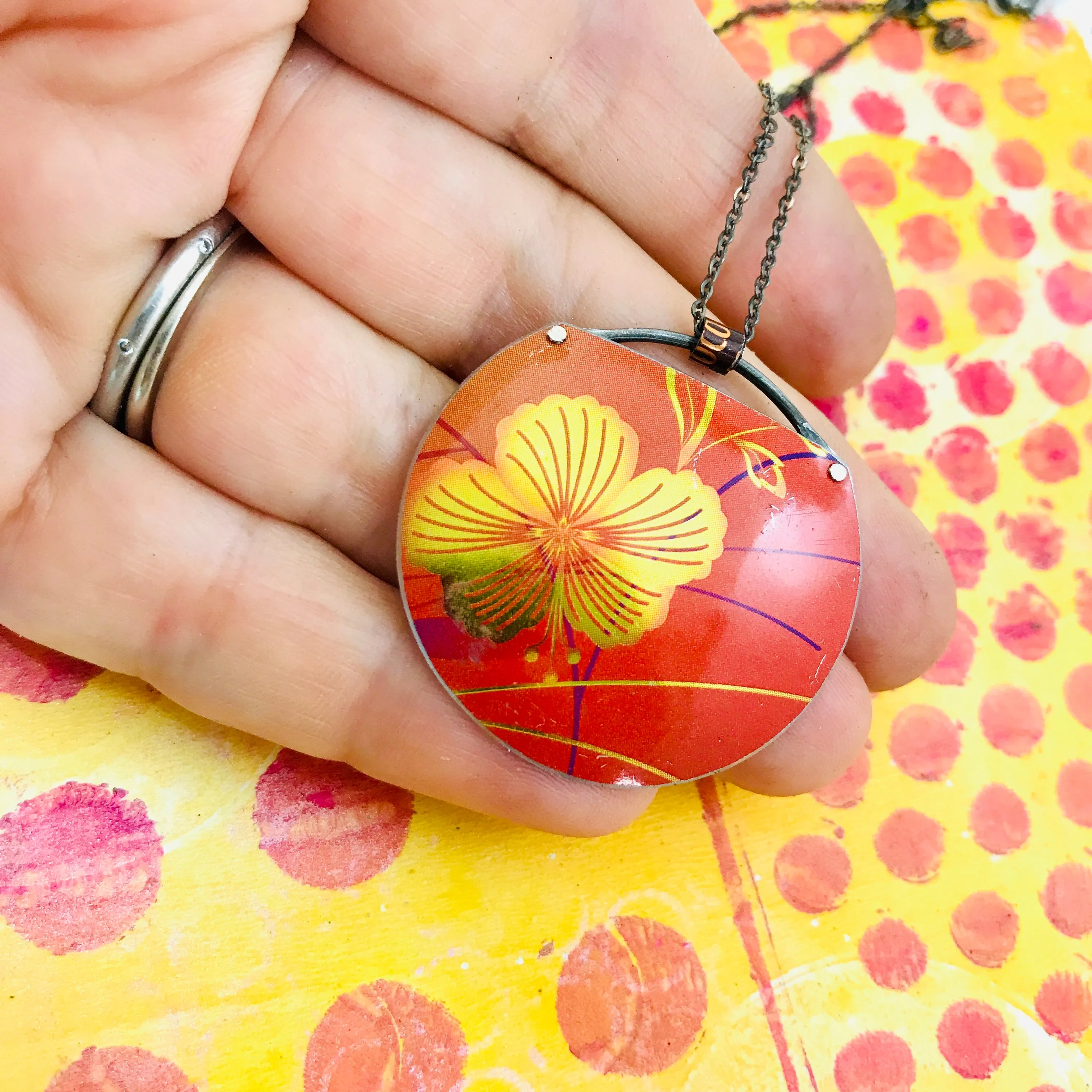 Golden Hibiscus on Red Zero Waste Tin Necklace