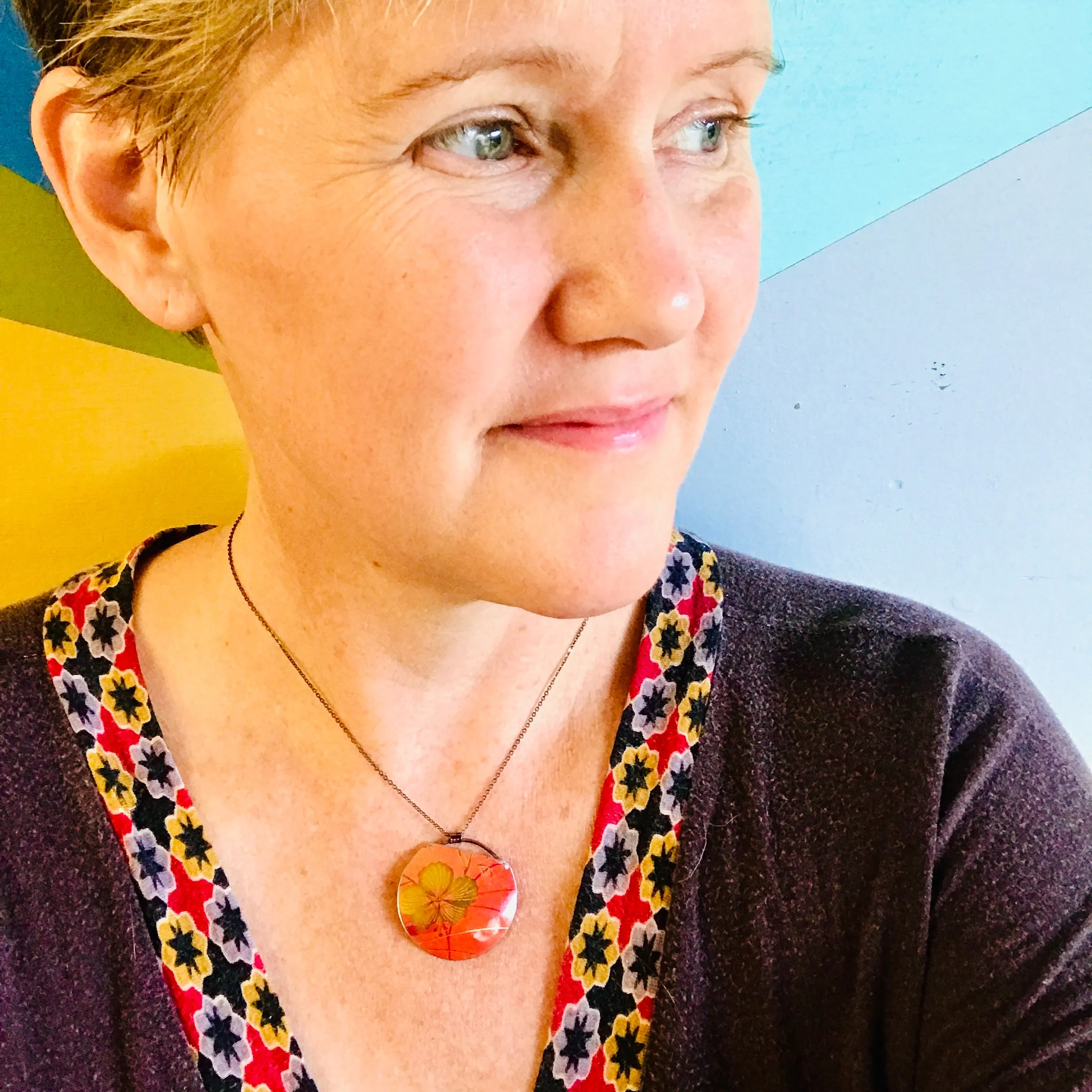 Golden Hibiscus on Red Zero Waste Tin Necklace