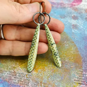 Golden Lattice Long Teardrop Upcycled Tin Earrings