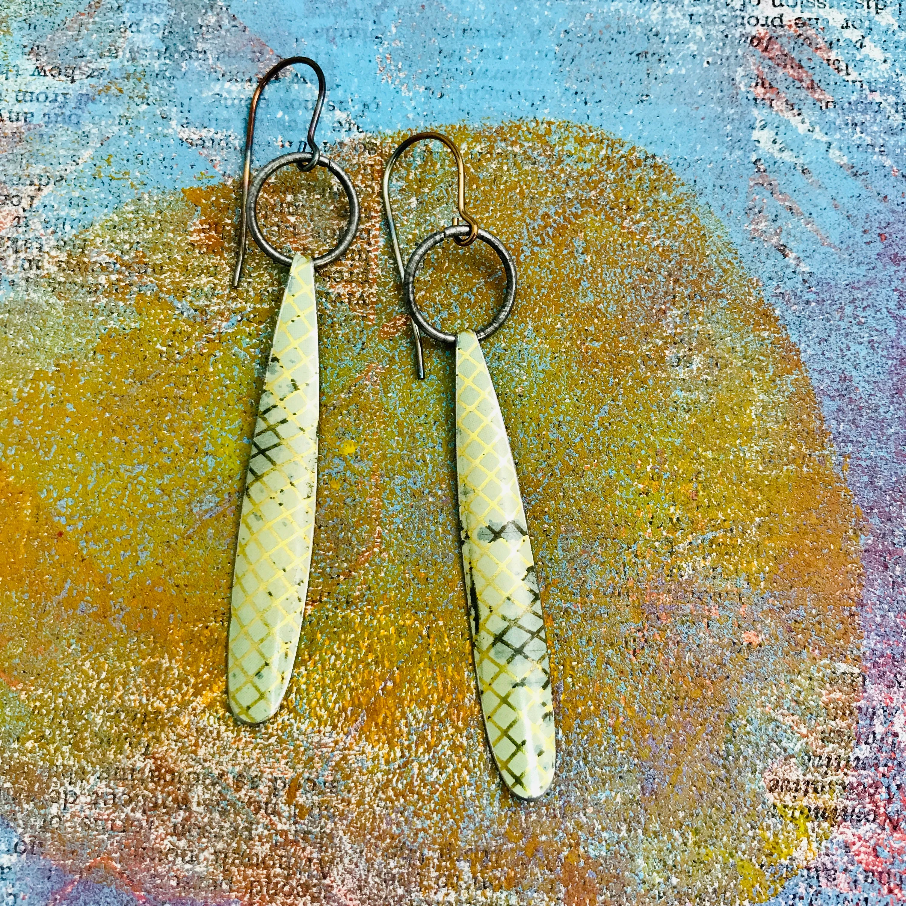 Golden Lattice Long Teardrop Upcycled Tin Earrings