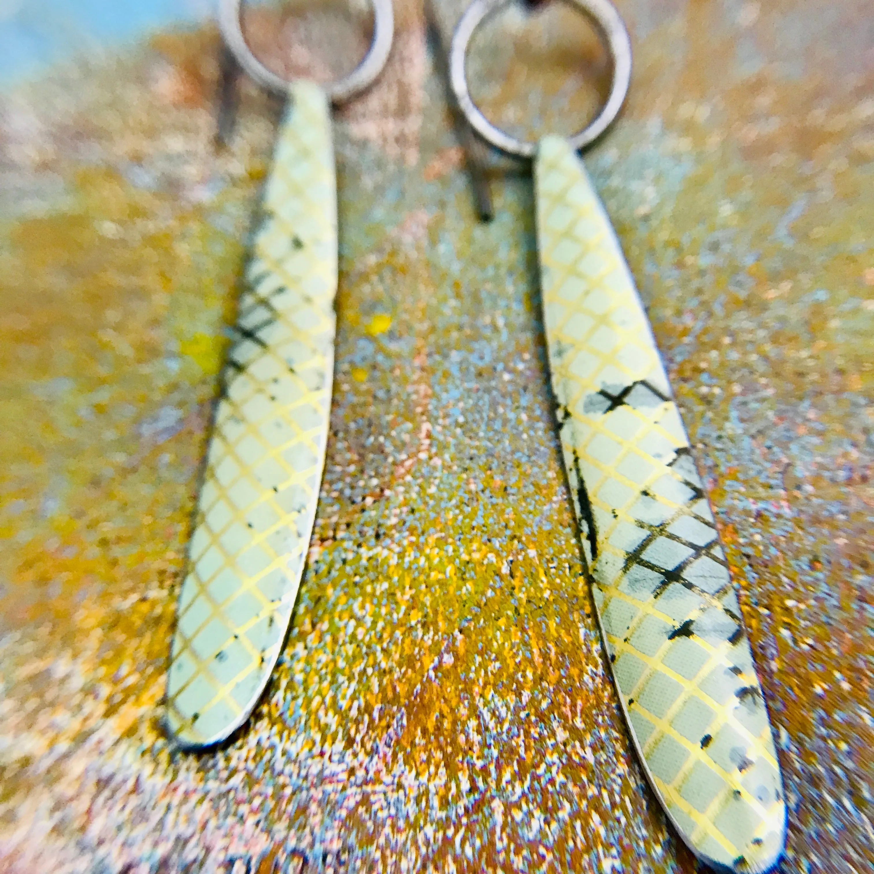Golden Lattice Long Teardrop Upcycled Tin Earrings