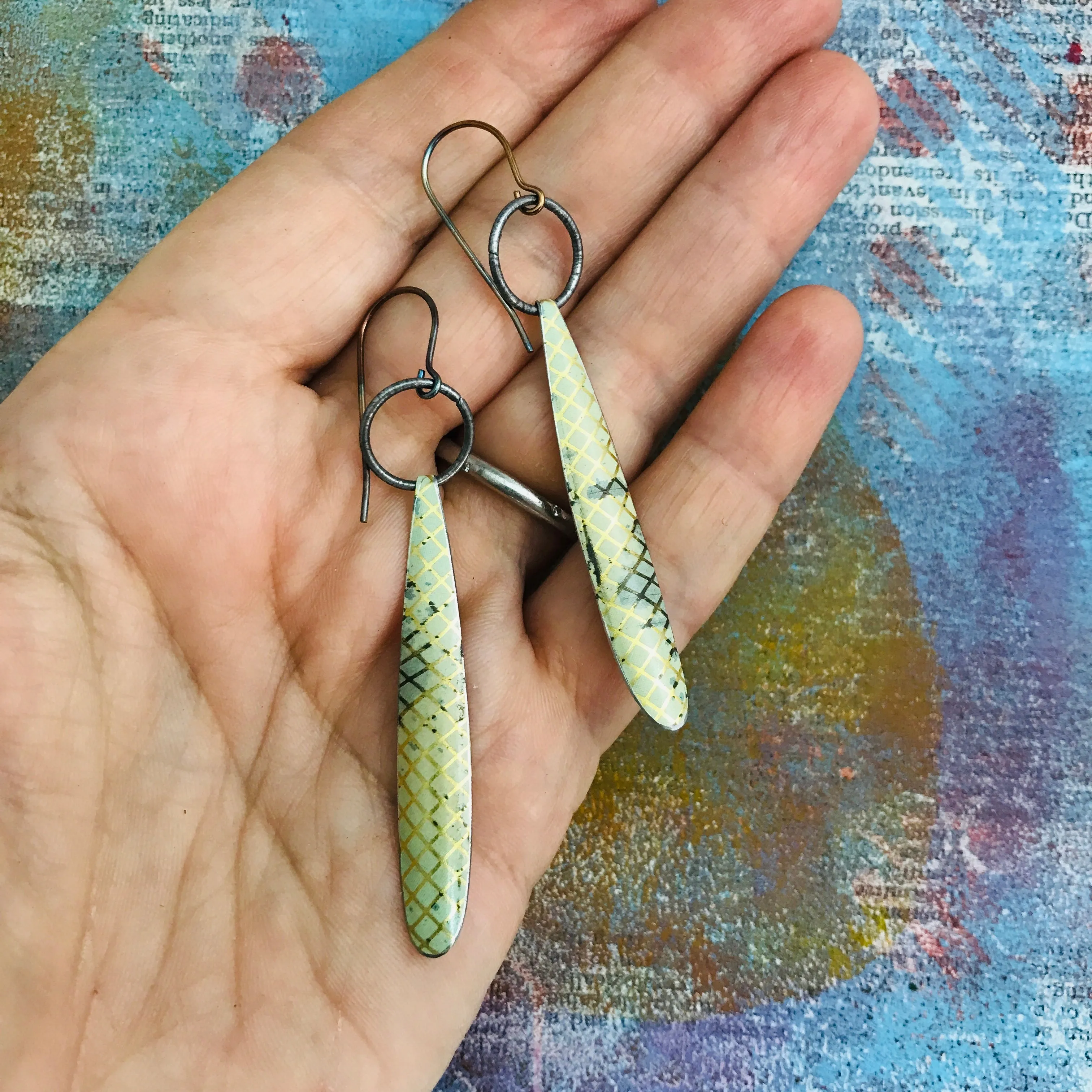 Golden Lattice Long Teardrop Upcycled Tin Earrings