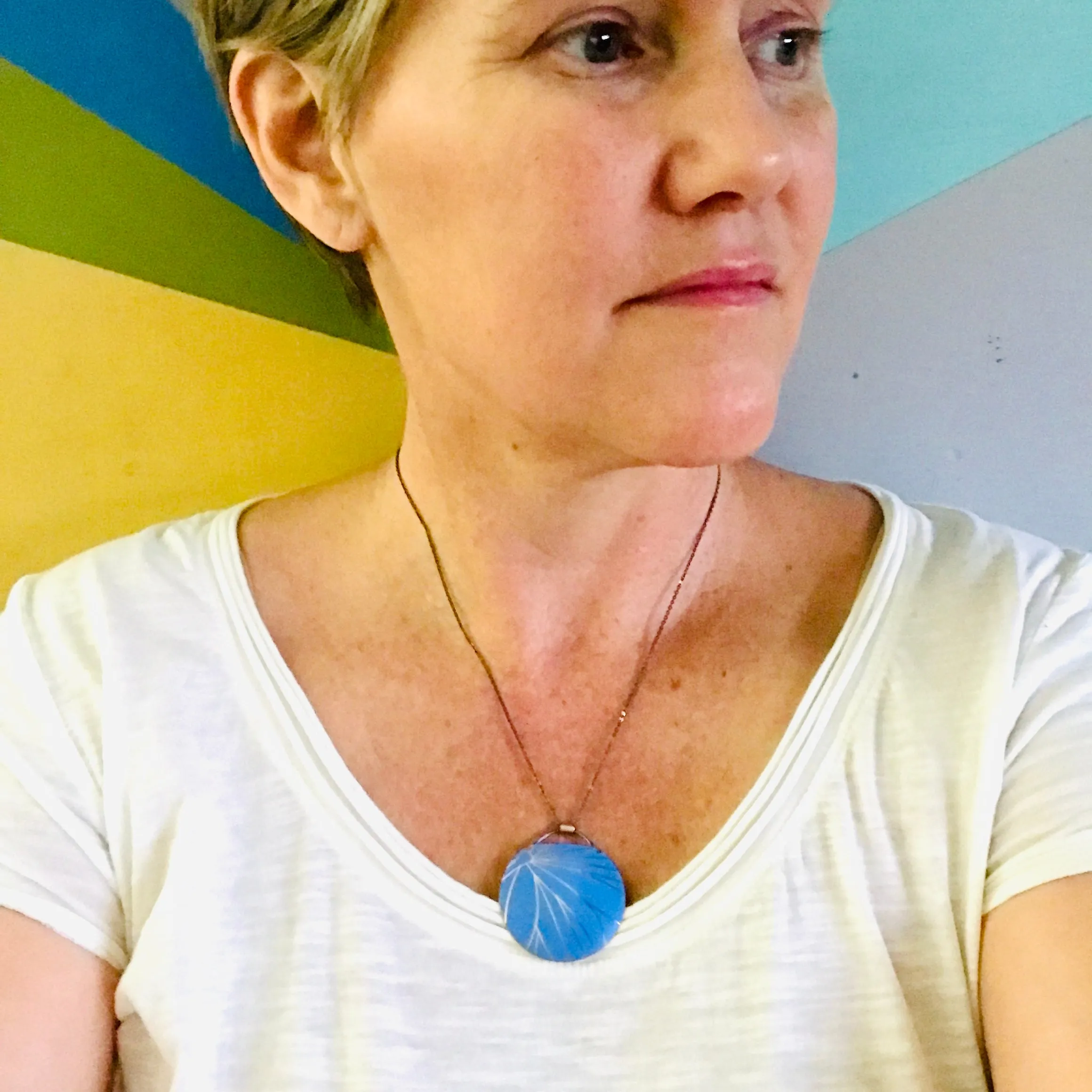 Golden Lines on Cornflower Zero Waste Tin Circle Necklace