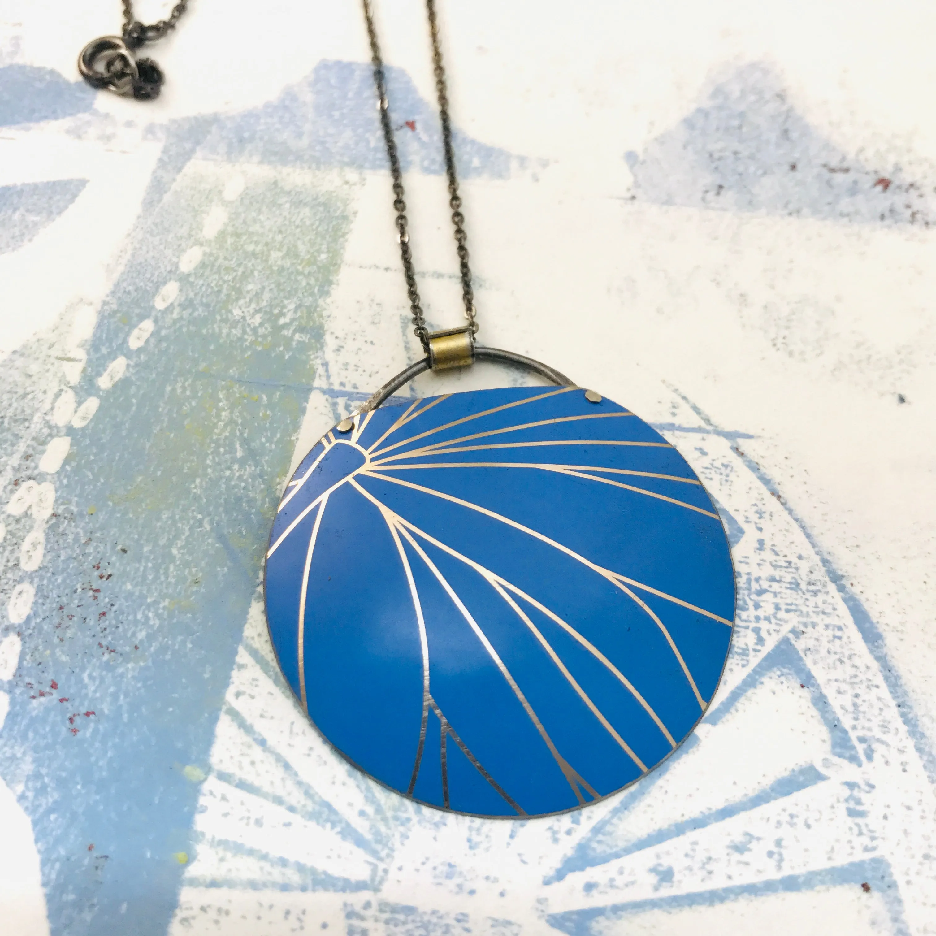 Golden Lines on Cornflower Zero Waste Tin Circle Necklace