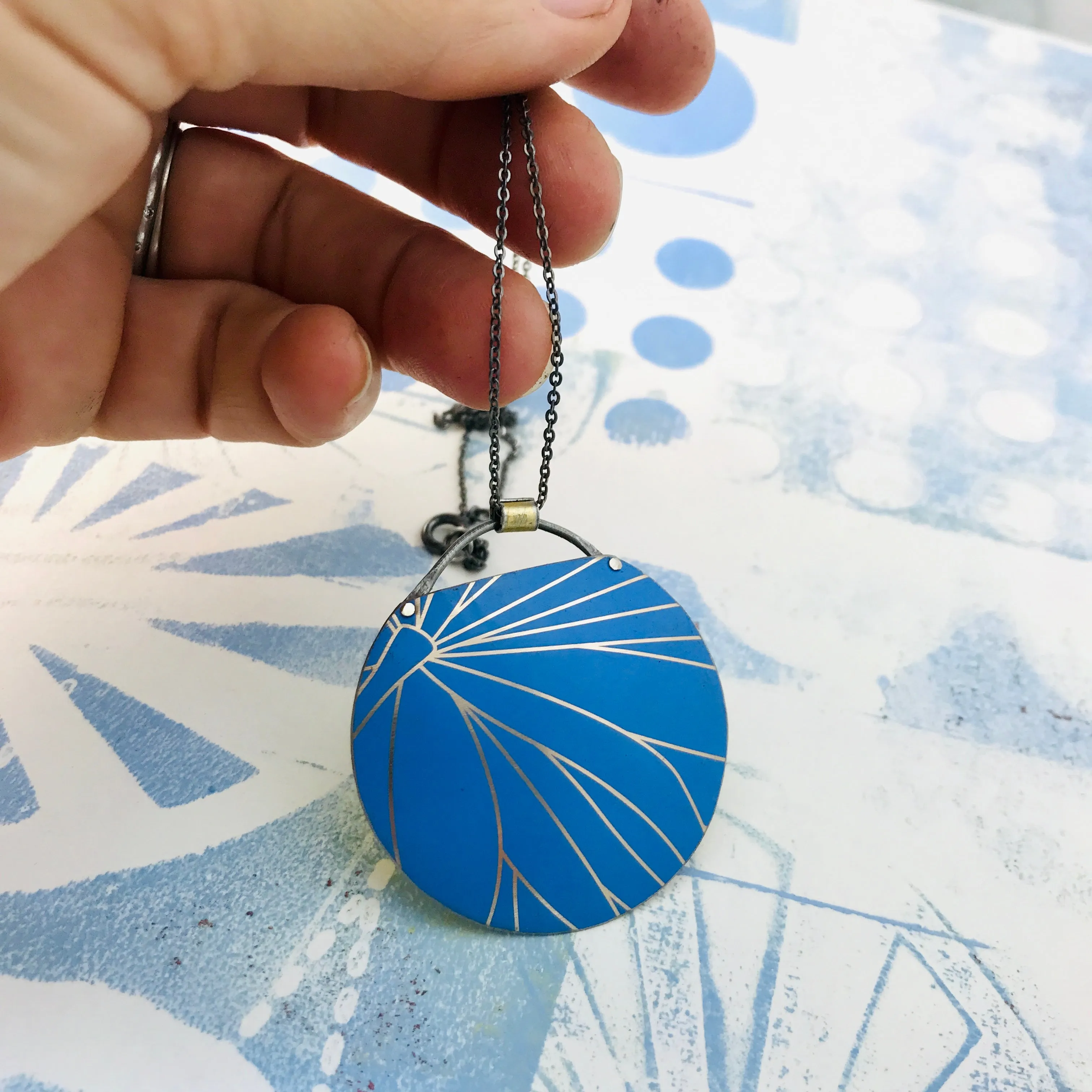 Golden Lines on Cornflower Zero Waste Tin Circle Necklace