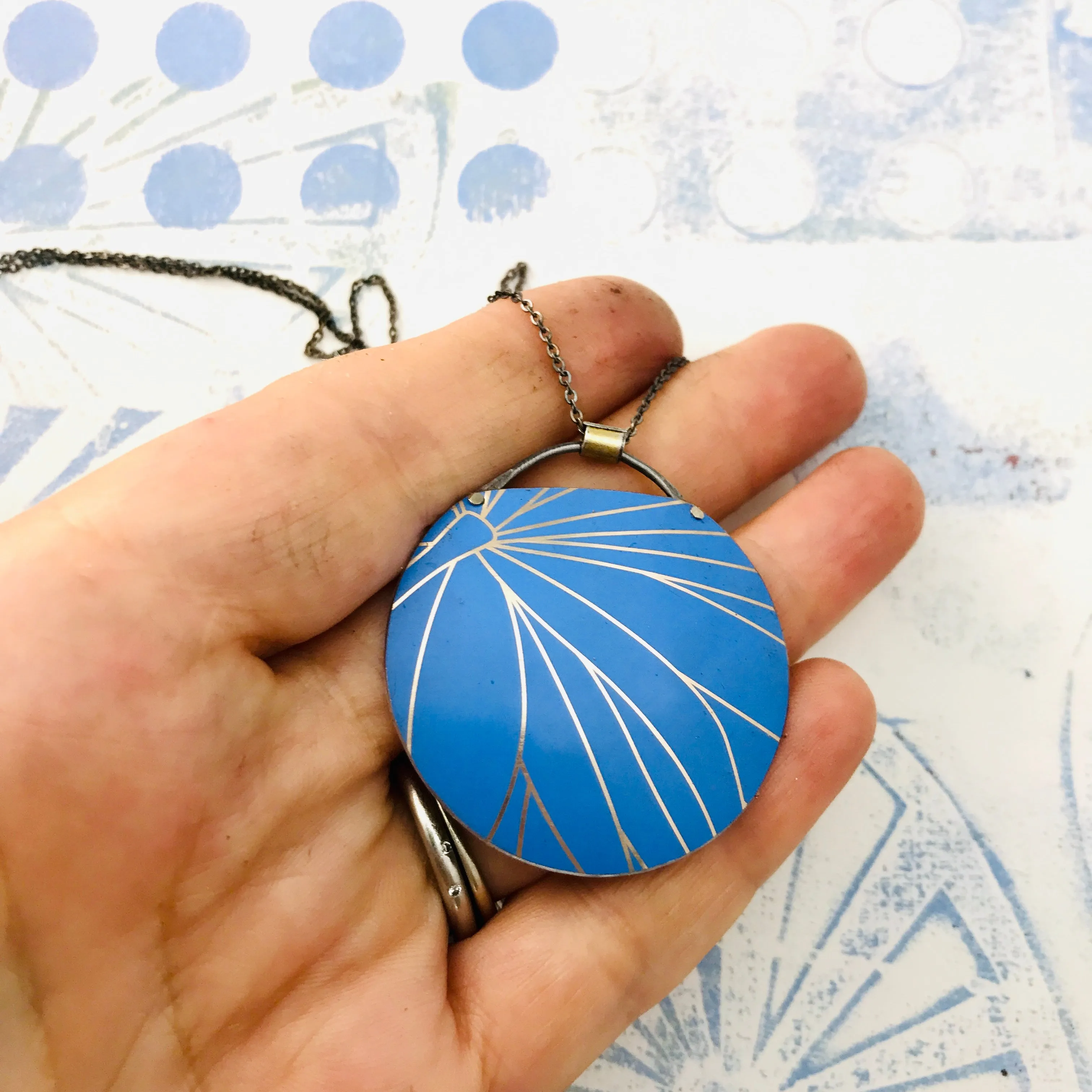 Golden Lines on Cornflower Zero Waste Tin Circle Necklace