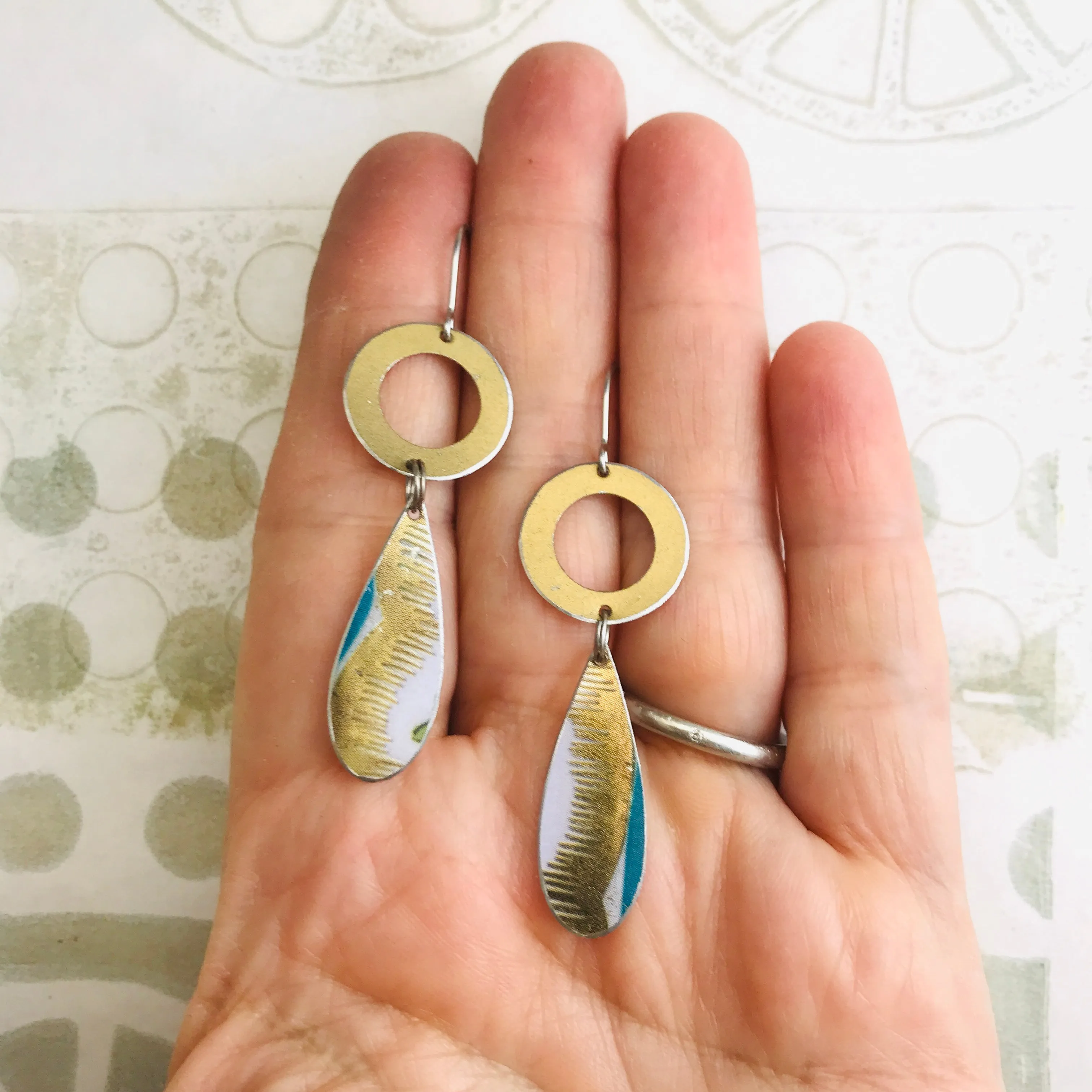 Golden Ring Upcycled Teardrop Tin Earrings