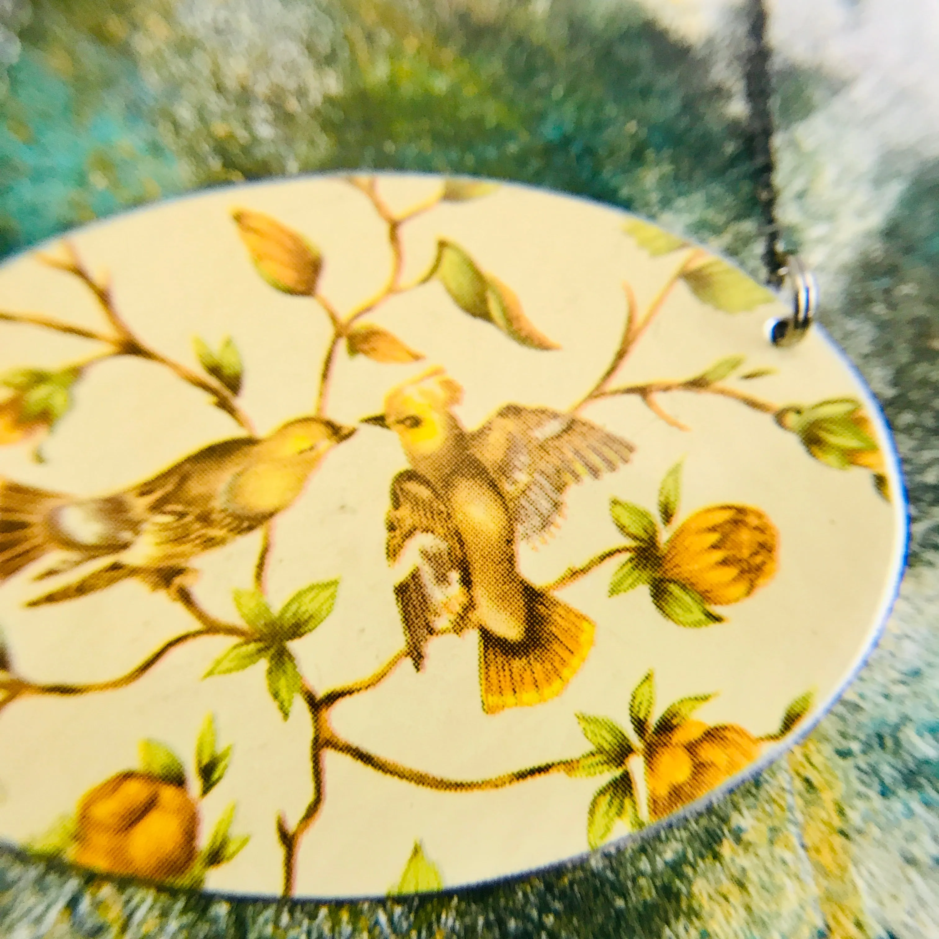 Goldfinches & Orange Flowers Zero Waste Tin Circle Necklace