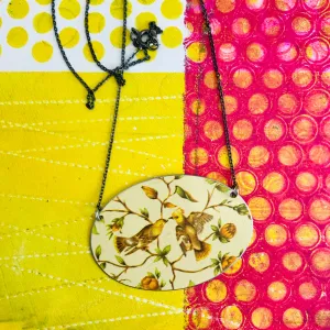 Goldfinches & Orange Flowers Zero Waste Tin Circle Necklace