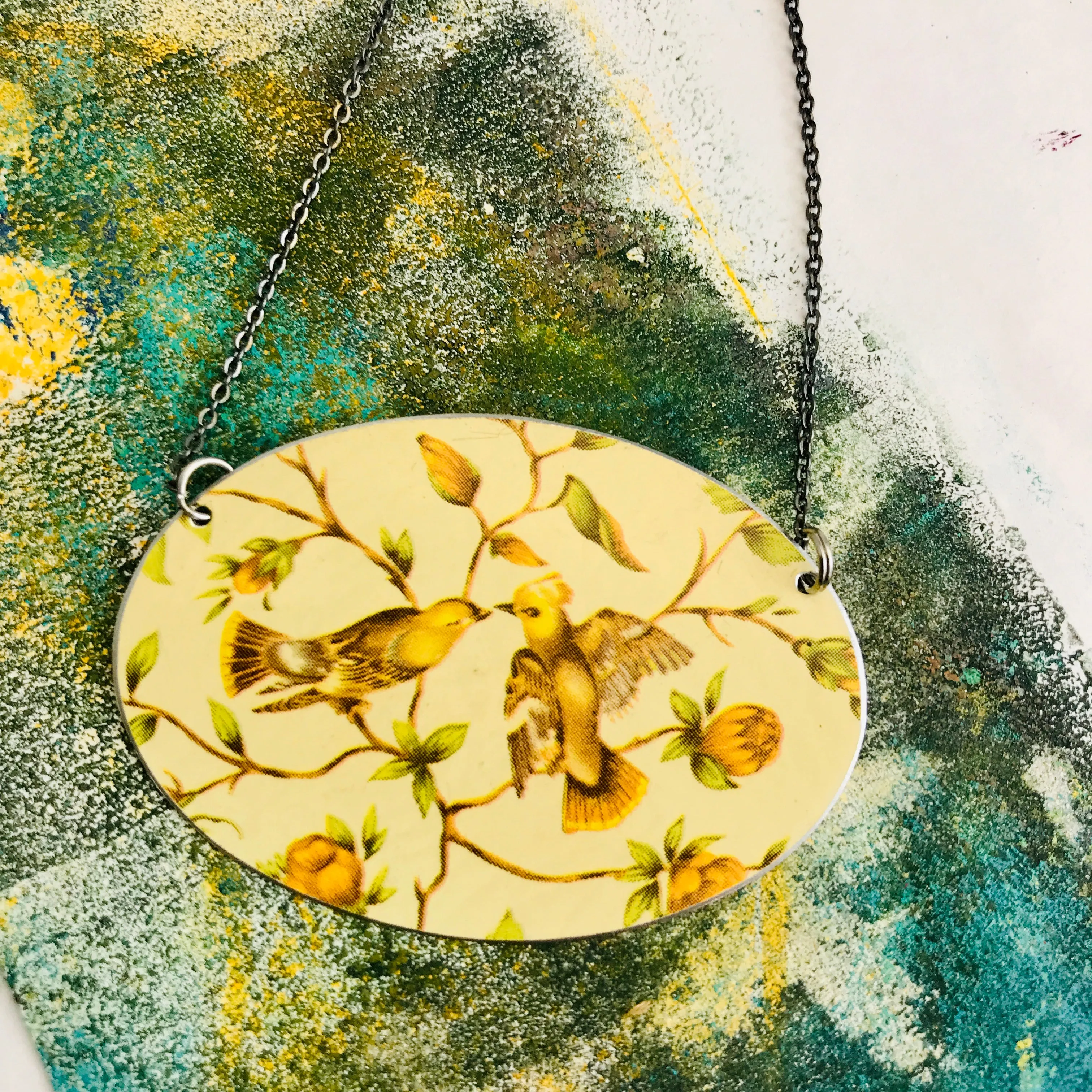 Goldfinches & Orange Flowers Zero Waste Tin Circle Necklace