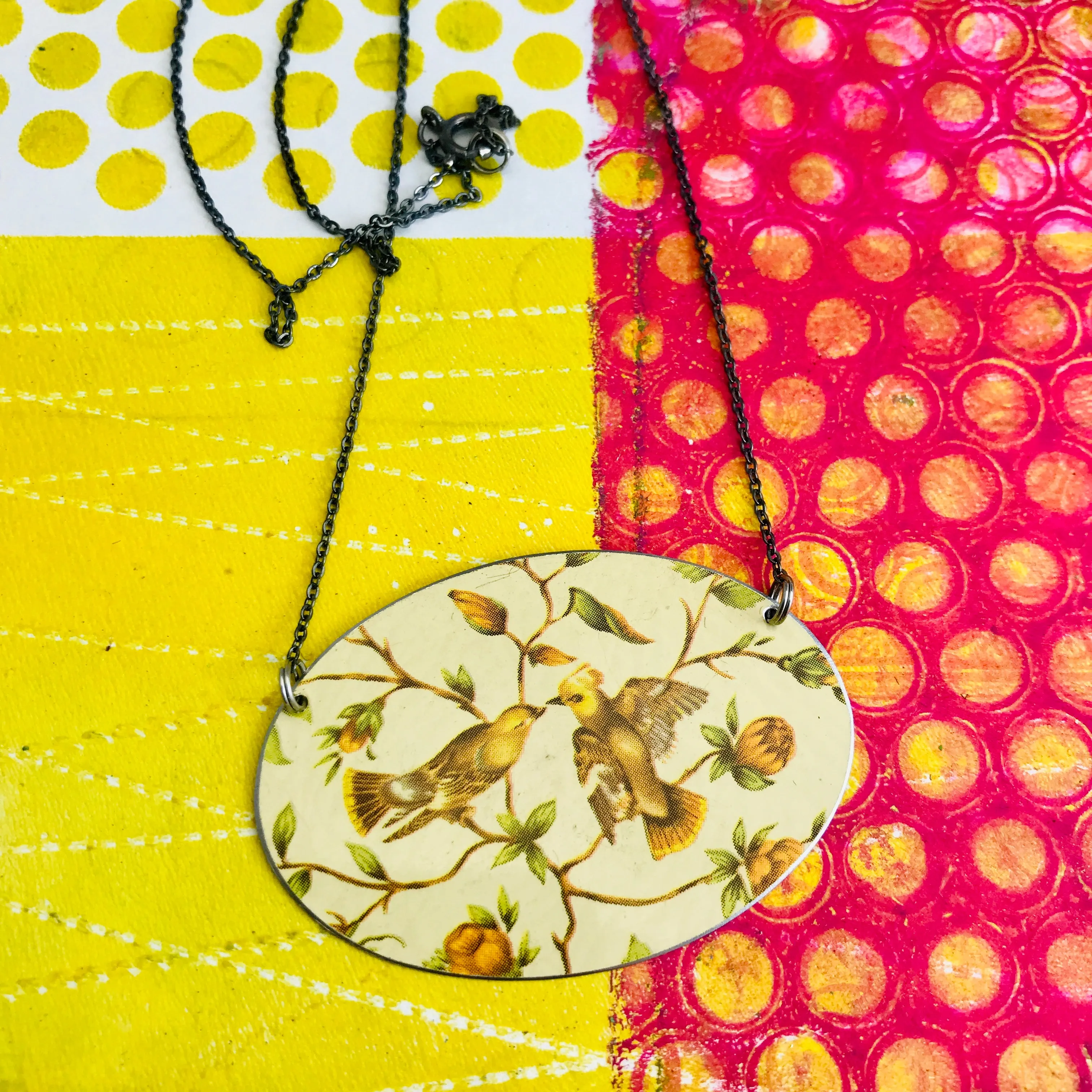 Goldfinches & Orange Flowers Zero Waste Tin Circle Necklace